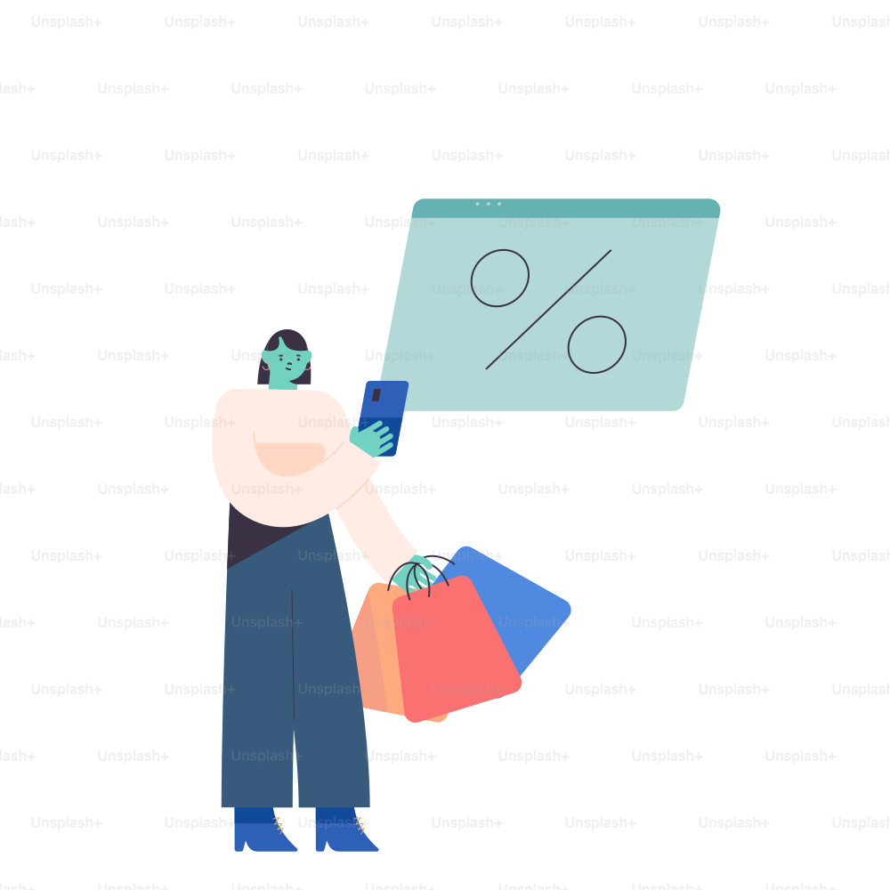 Woman with shopping bags and phone looks at phone