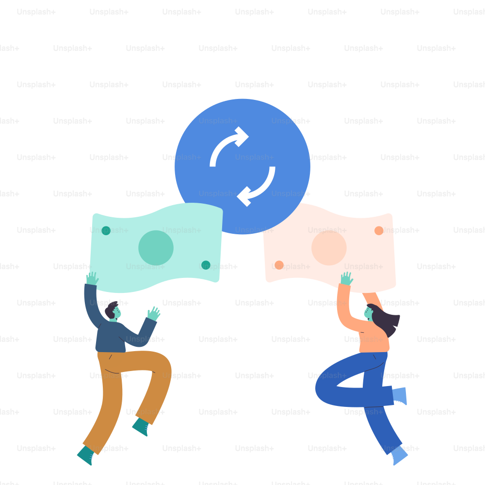 위에 원형 화살표가 있는 두 사람이 돈을 교환하고 있습니다