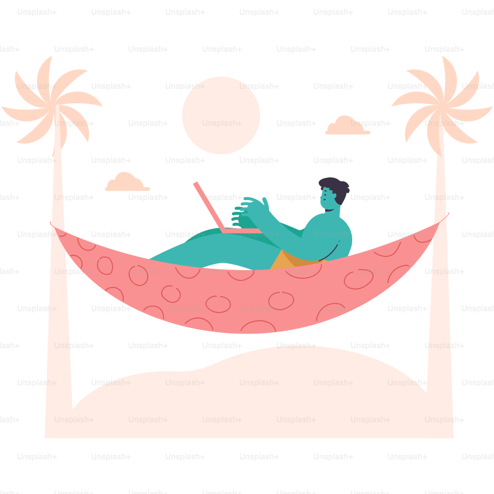 Man working on laptop in hammock on beach.