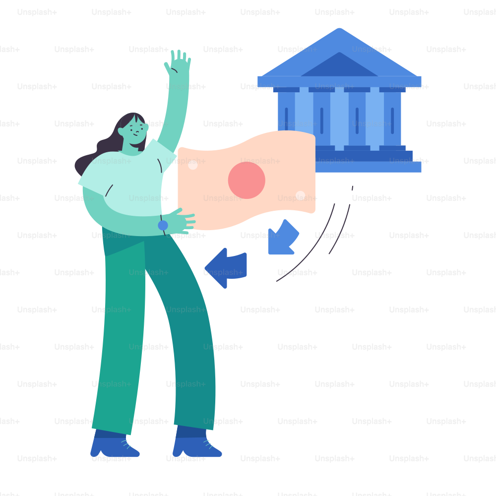 Person with money and bank building