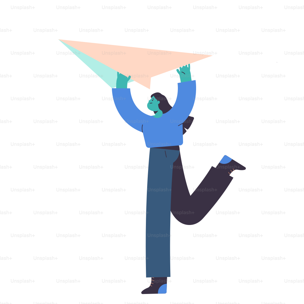 Person holding a large paper airplane above head