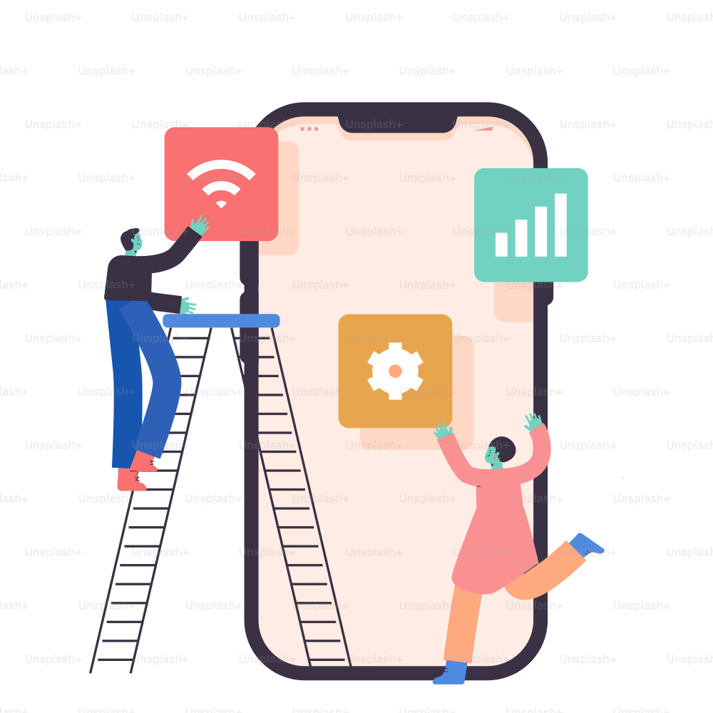 People building a mobile app interface with icons.