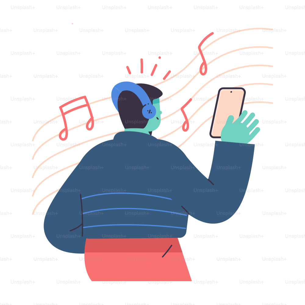 Person wearing headphones listening to music on phone