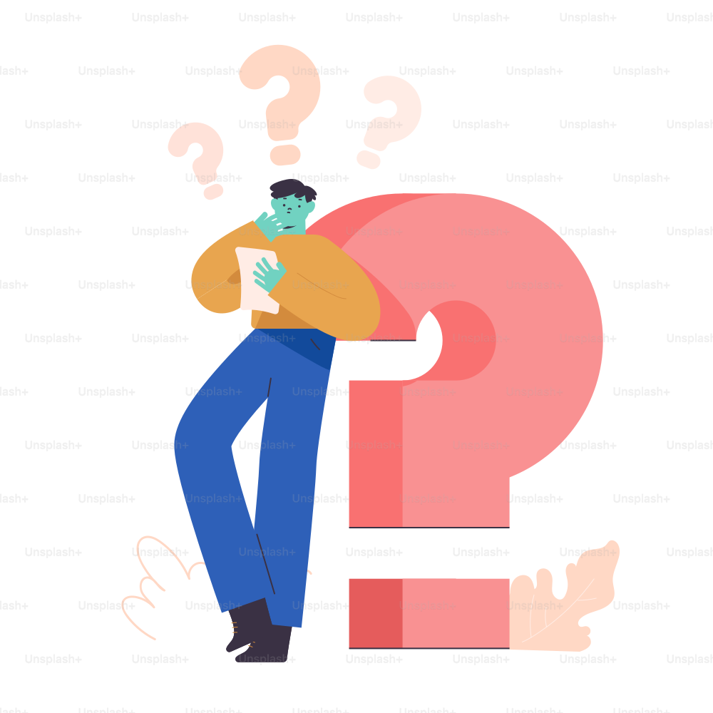Man with question marks pondering a large pink question mark.