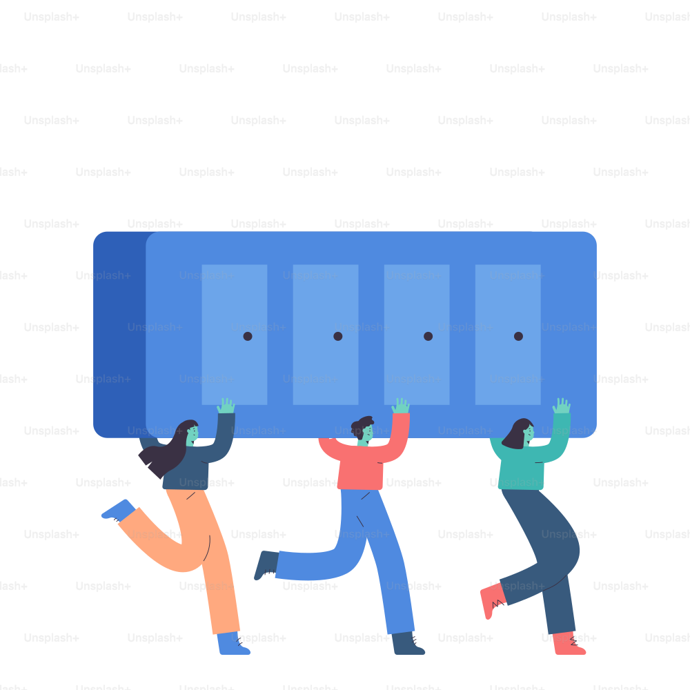 Three people carrying a large blue object together