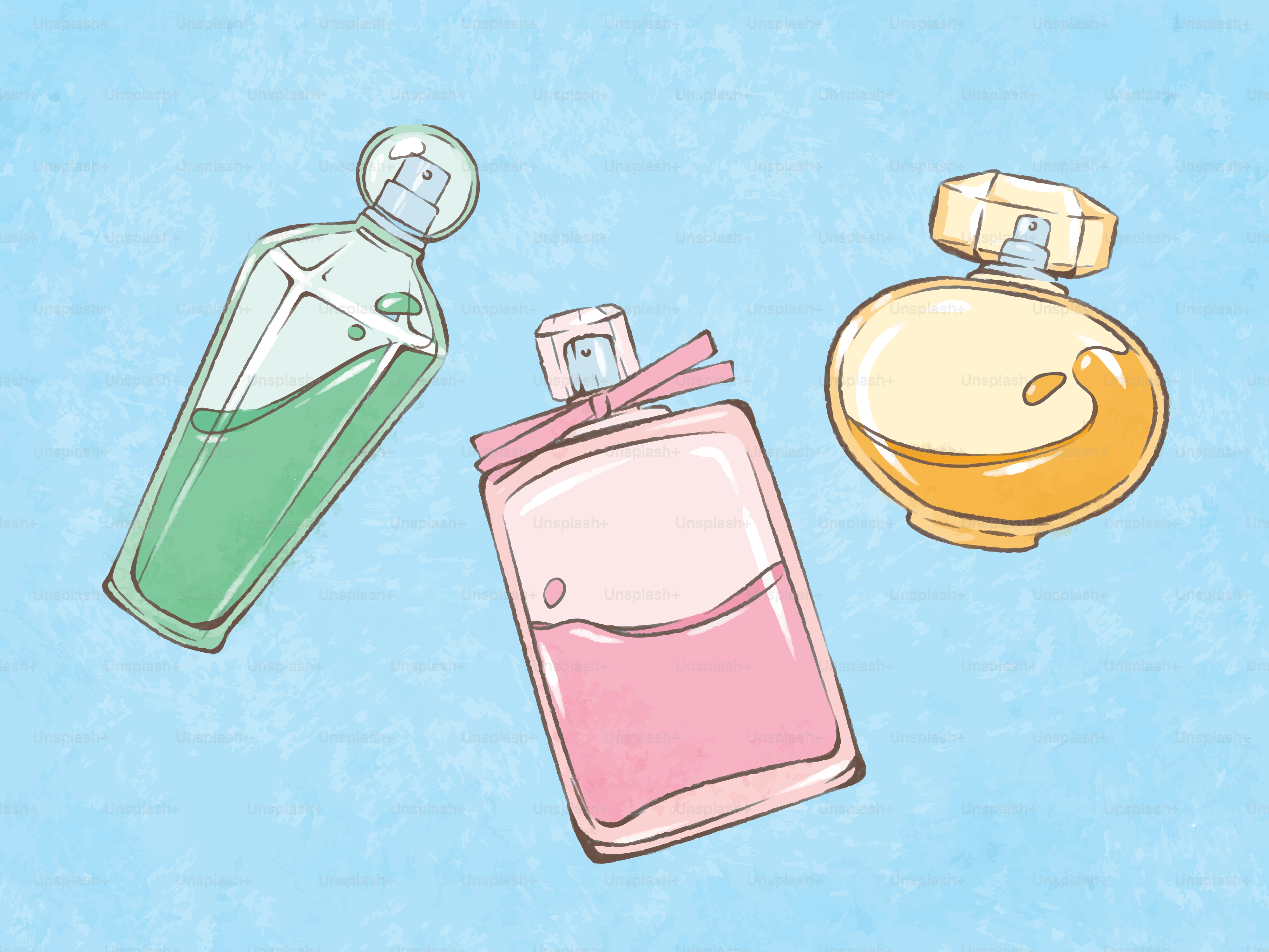 Three perfume bottles on a blue background