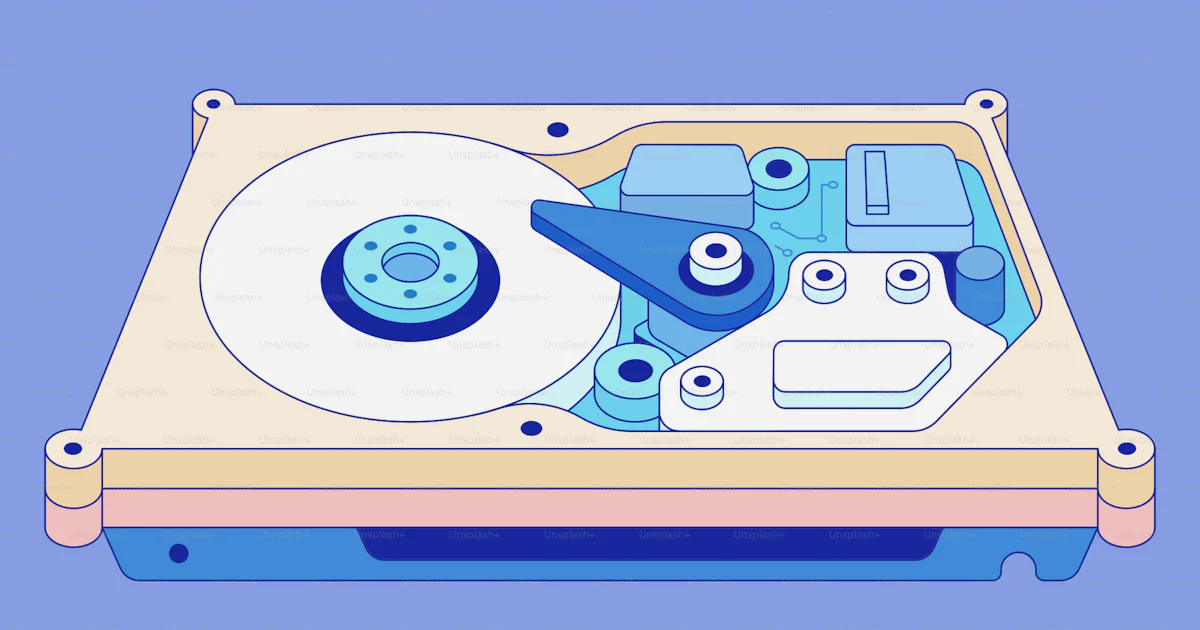 Open hard drive with spinning disk and read/write arm vector ...
