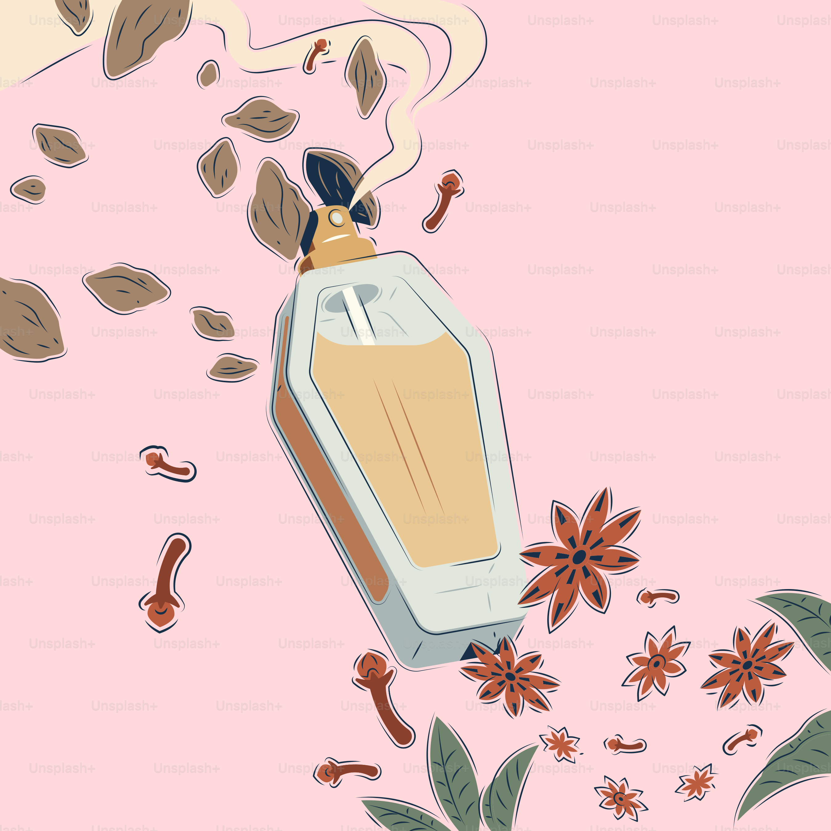 Perfume bottle with spices and leaves on pink background
