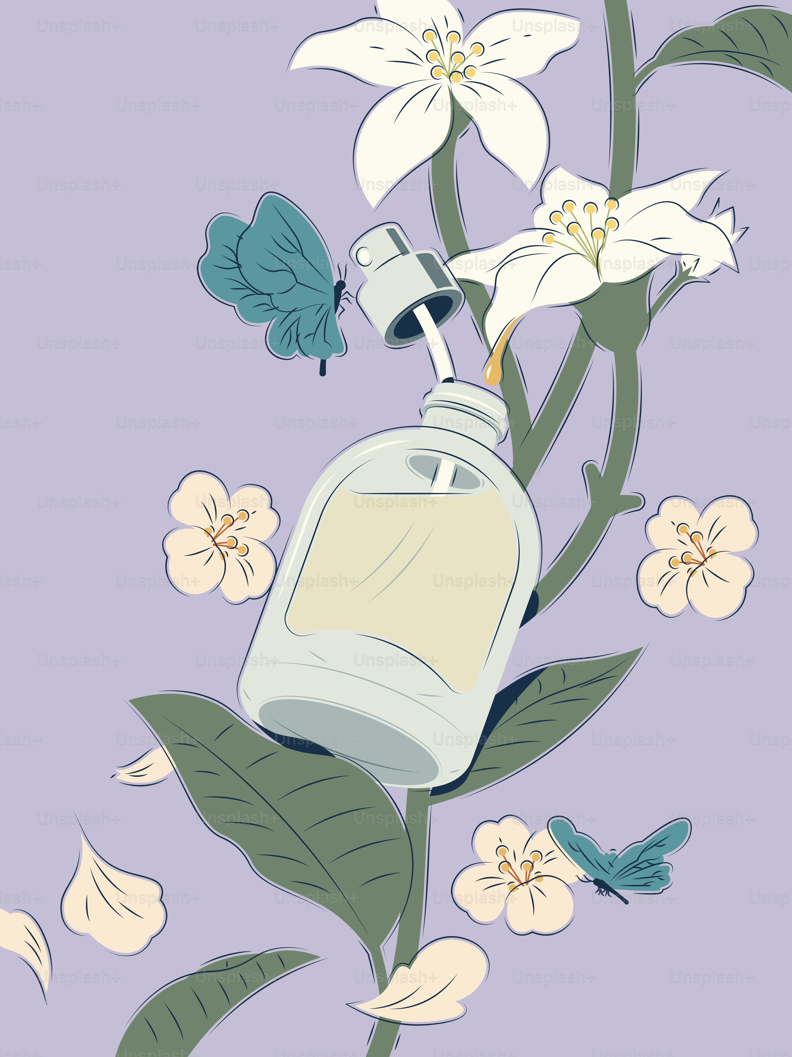 A bottle of serum with flowers and butterflies.