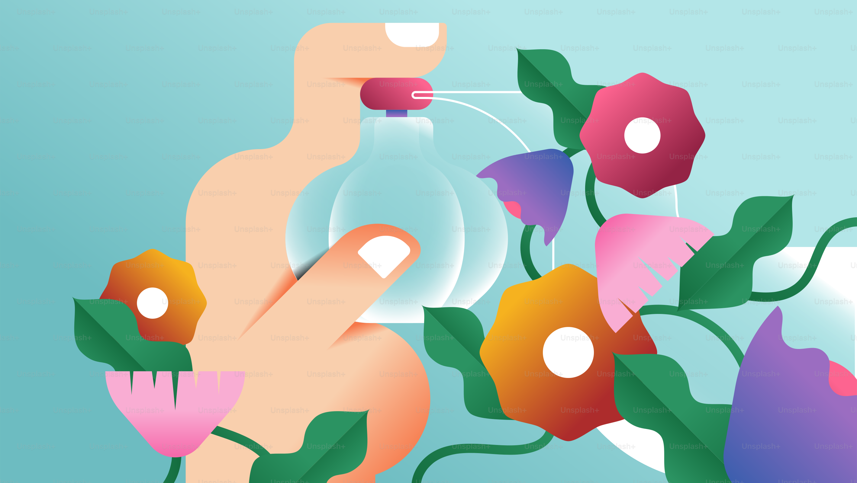 Hand spraying perfume bottle surrounded by colorful flowers.