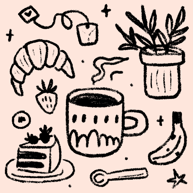 朝食の品物と植物の落書きアート。