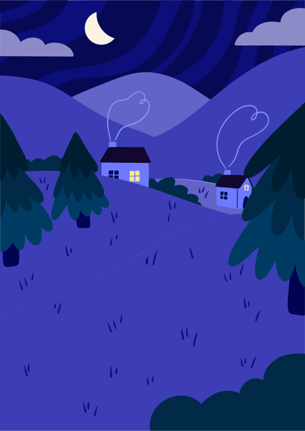 Zwei Häuser mit Rauch aus Schornsteinen in der Nacht