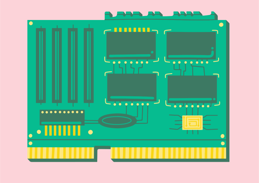 A green circuit board with yellow connectors