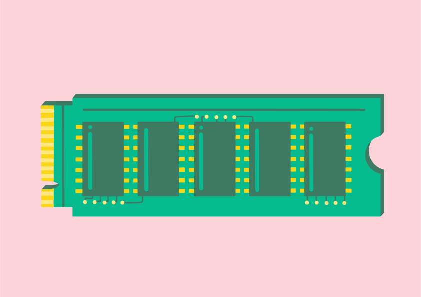 Un modulo RAM per computer verde su sfondo rosa