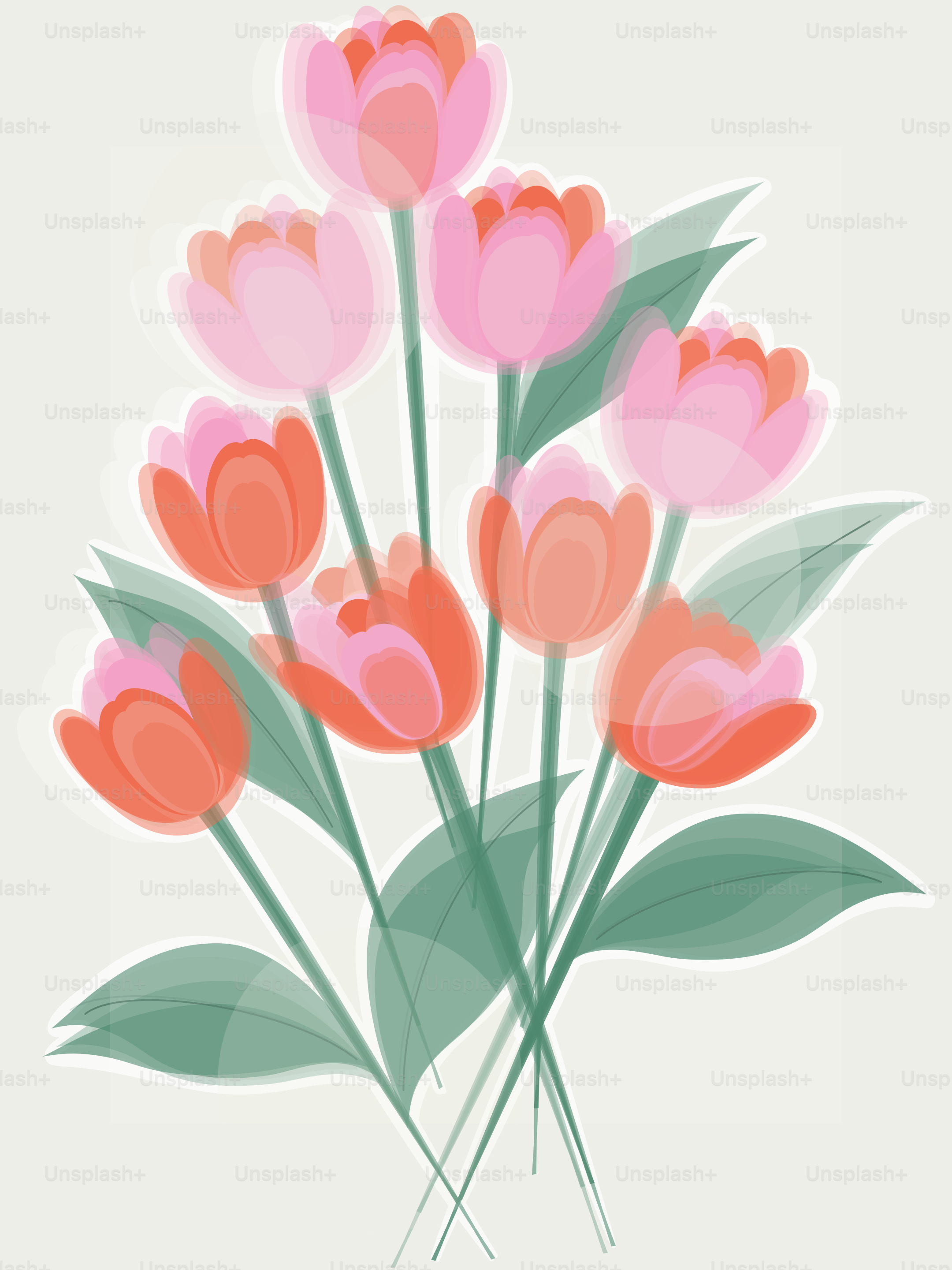 緑の葉がついたピンクとオレンジのチューリップの花束。