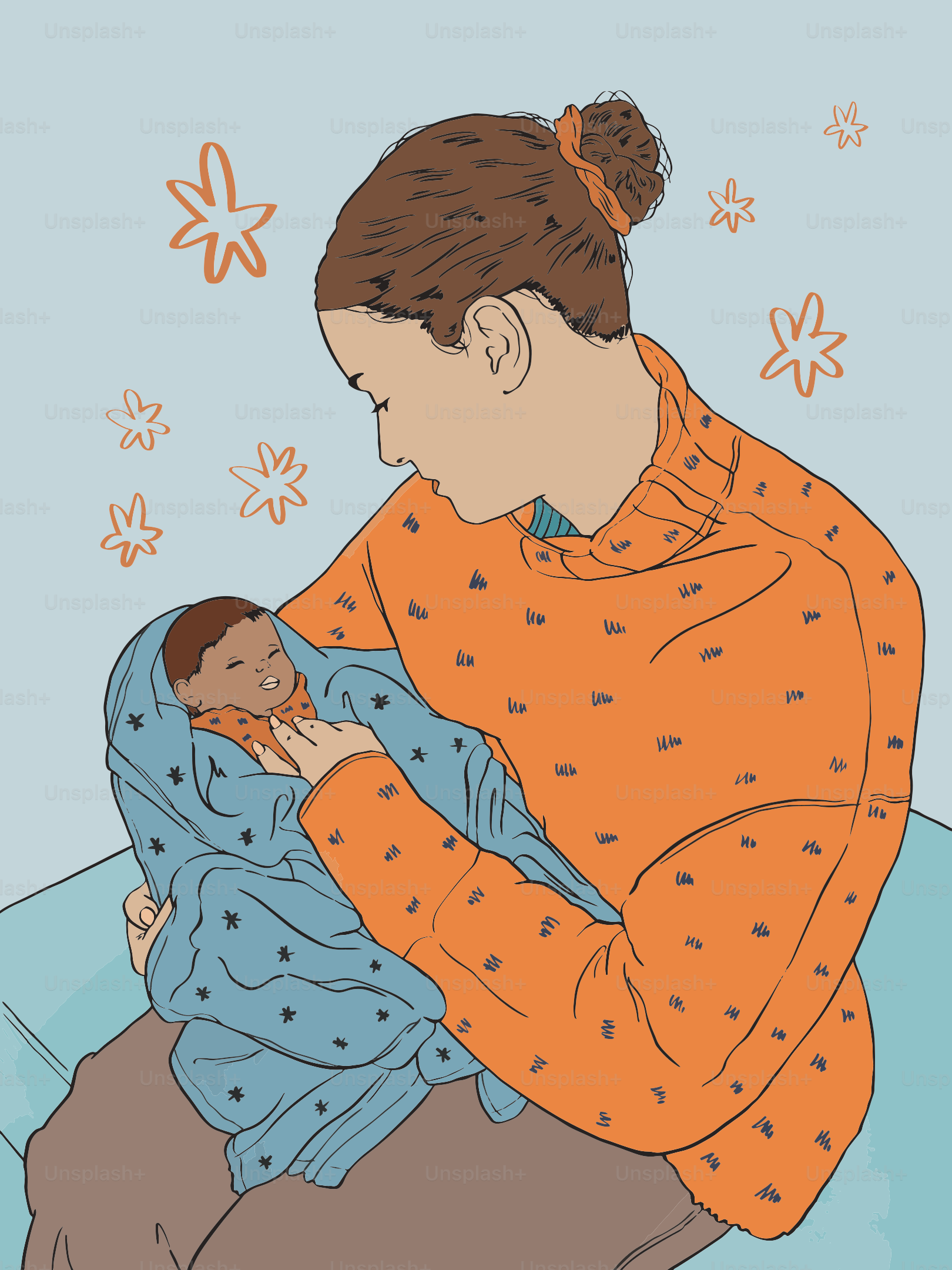 Mother holding her baby wrapped in a blue blanket.