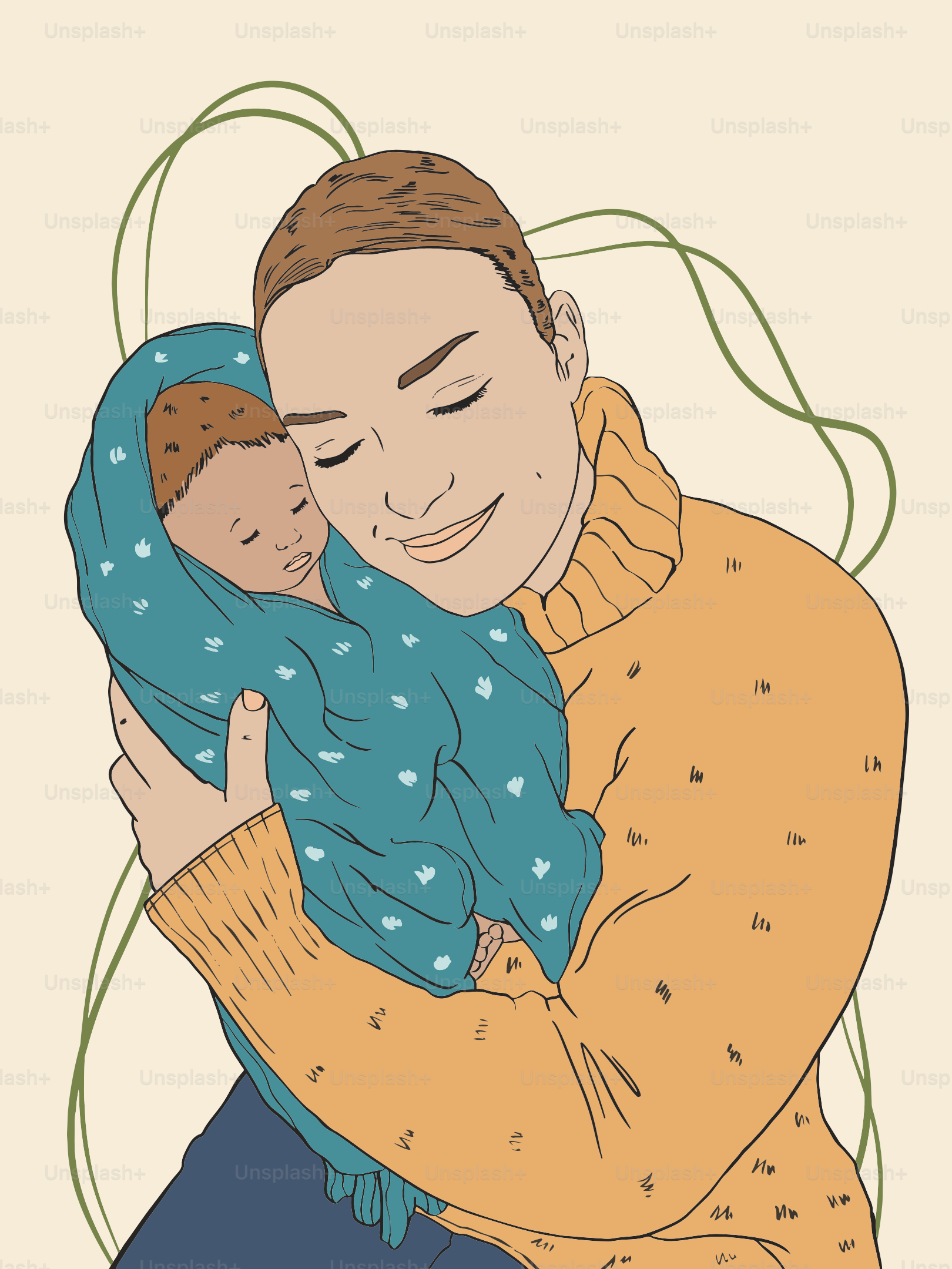 眠っている赤ちゃんを優しく抱く人。
