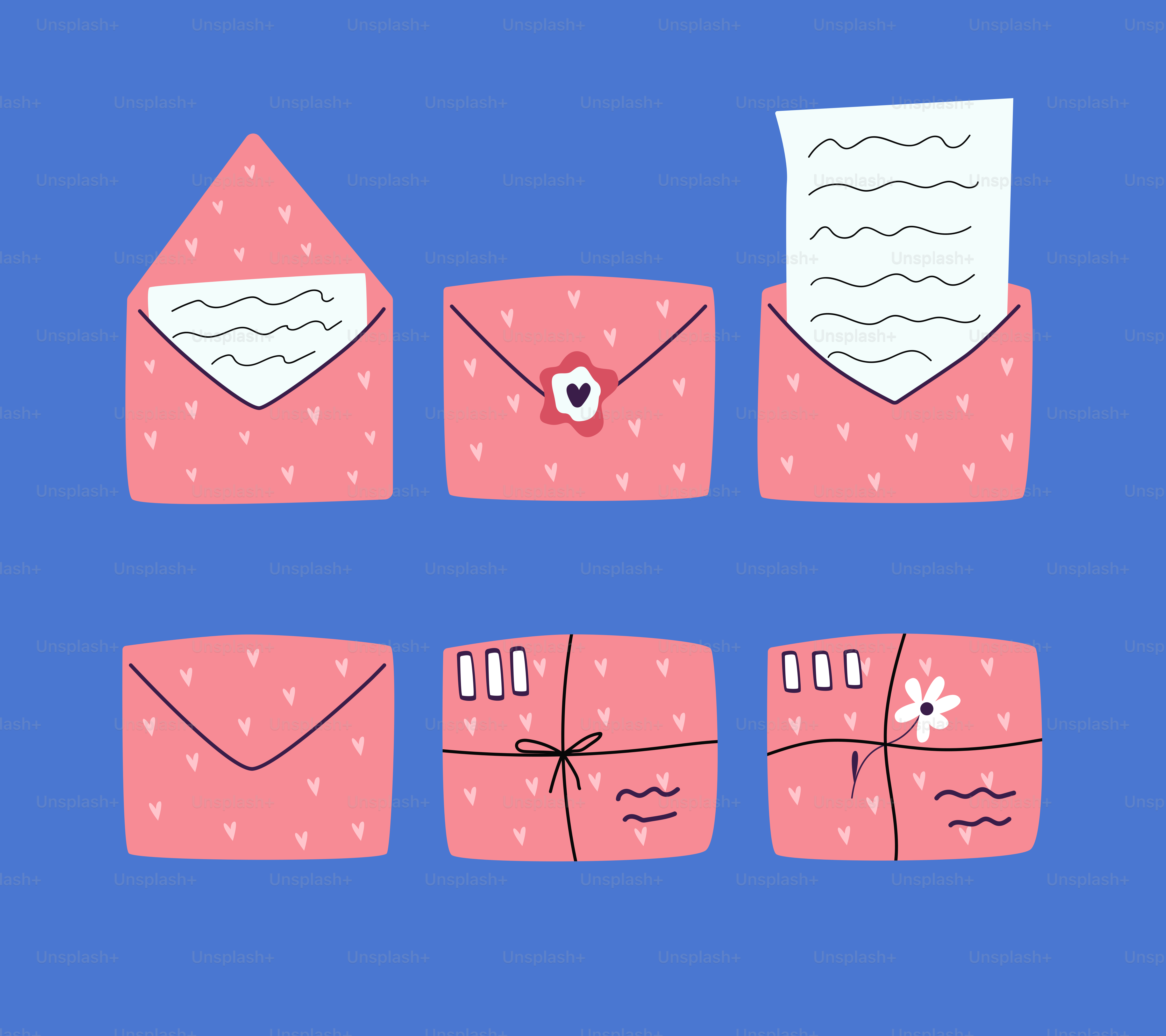 Pink envelopes with heart patterns on blue background