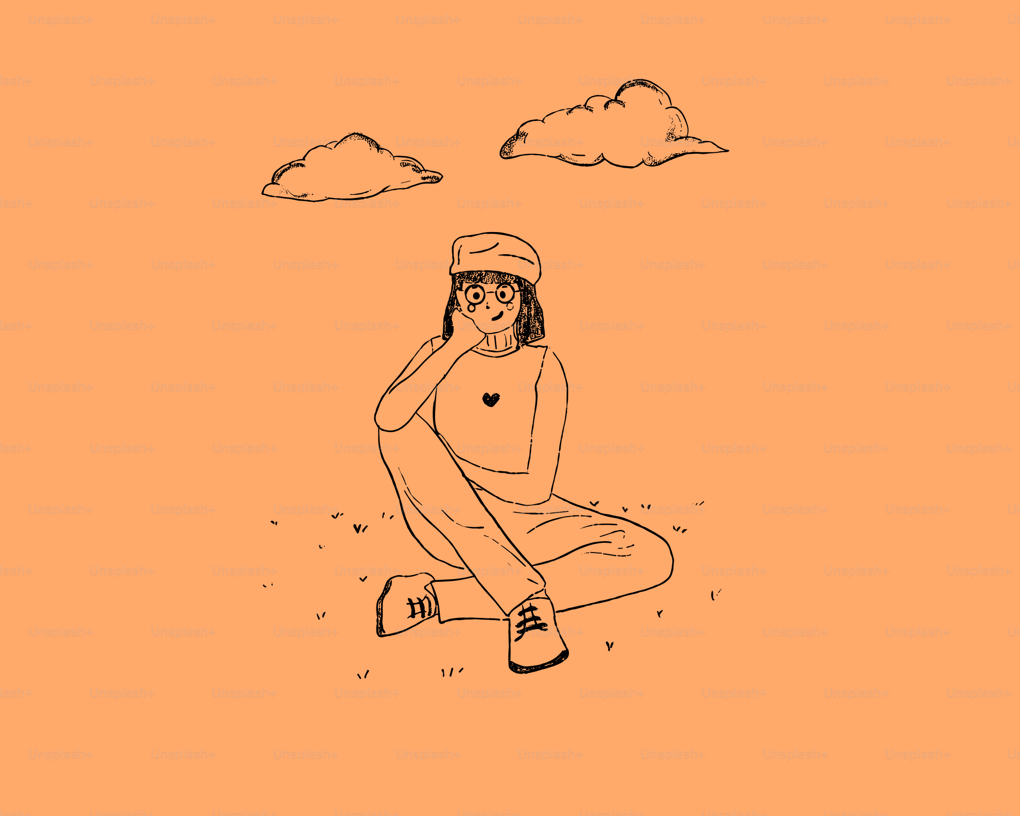 Eine Person, die auf dem Boden sitzt, mit Wolken darüber.