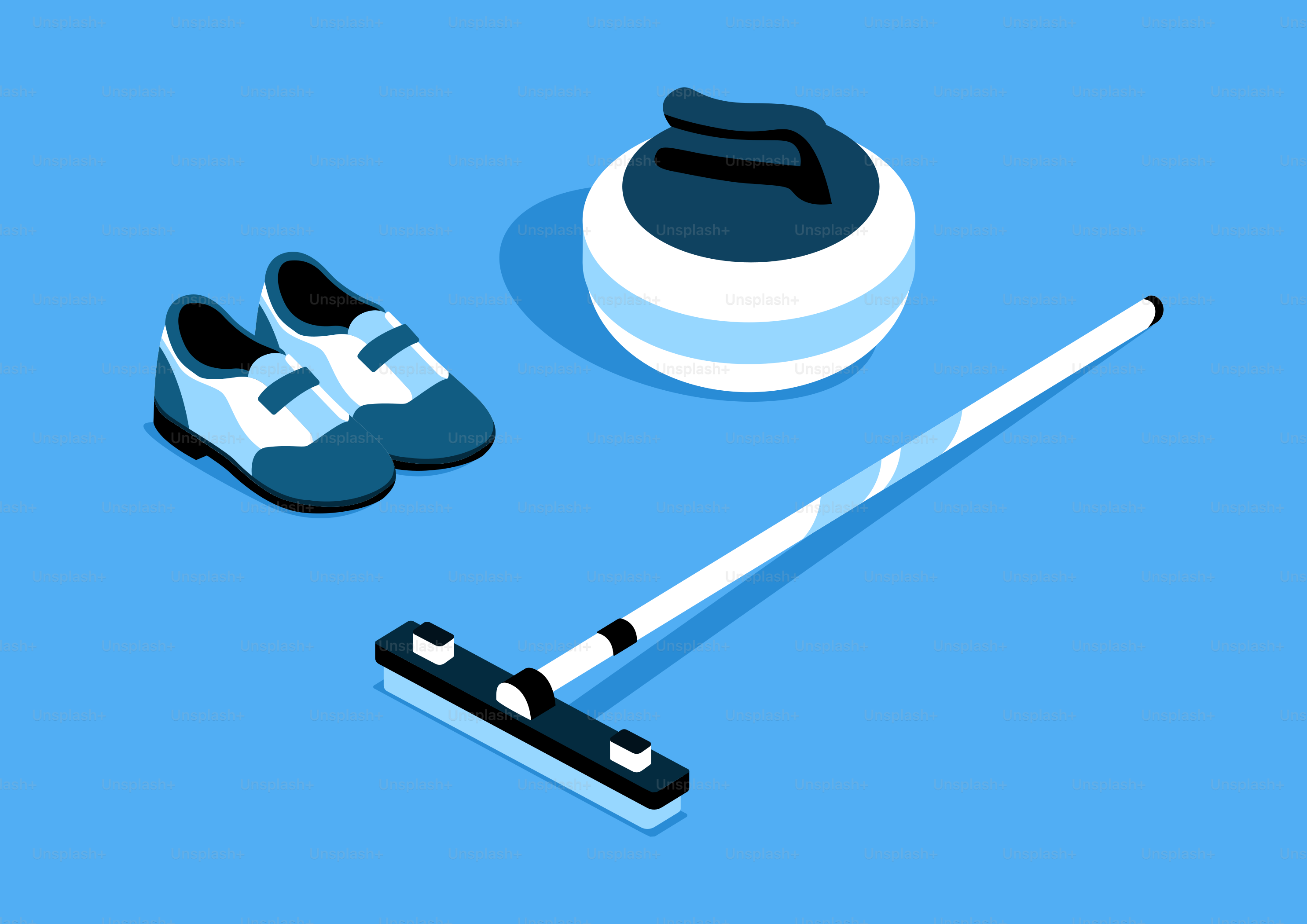 Pierre de boucle, balai et chaussures sur fond bleu