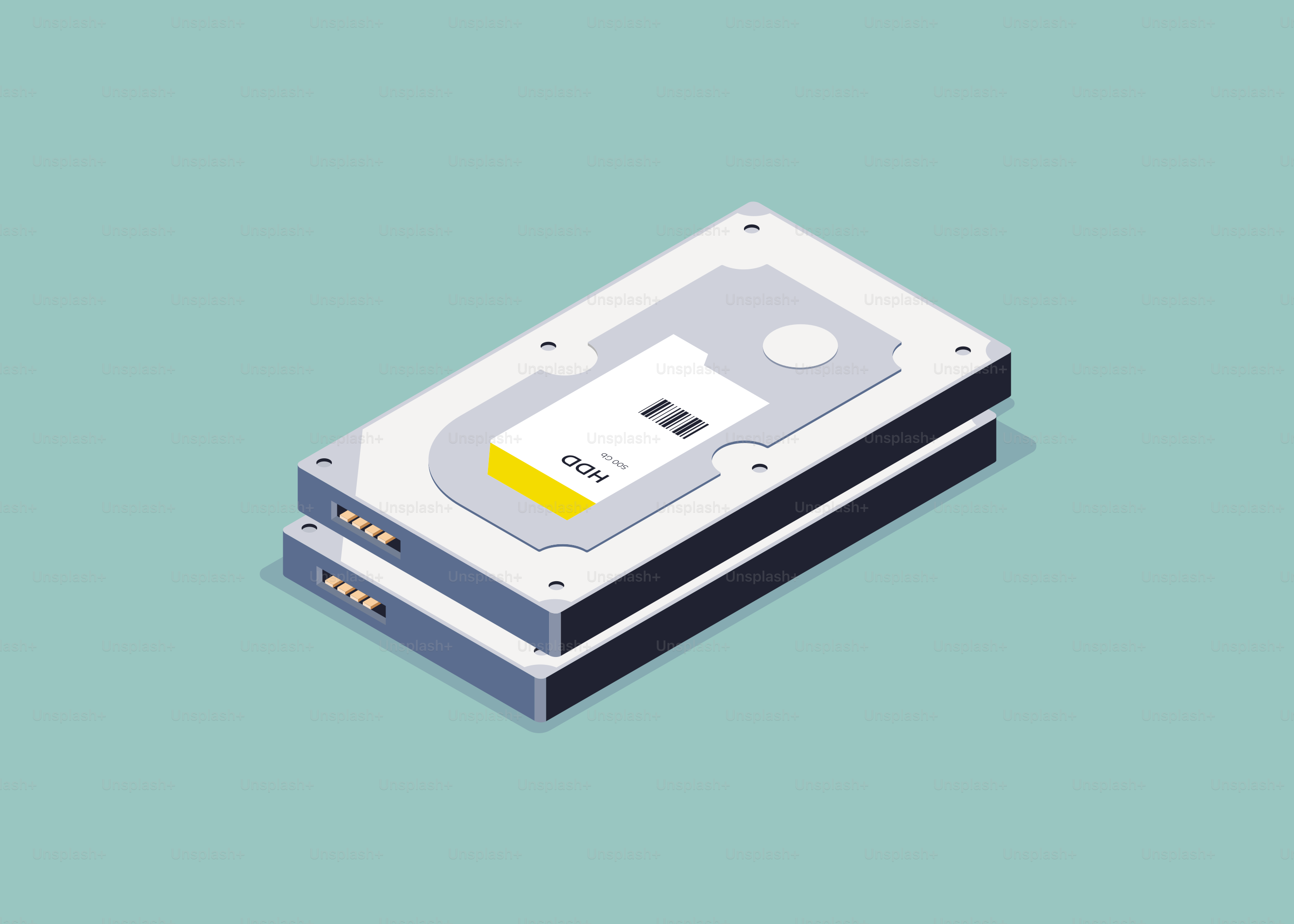 Two hard drives stacked on a teal background