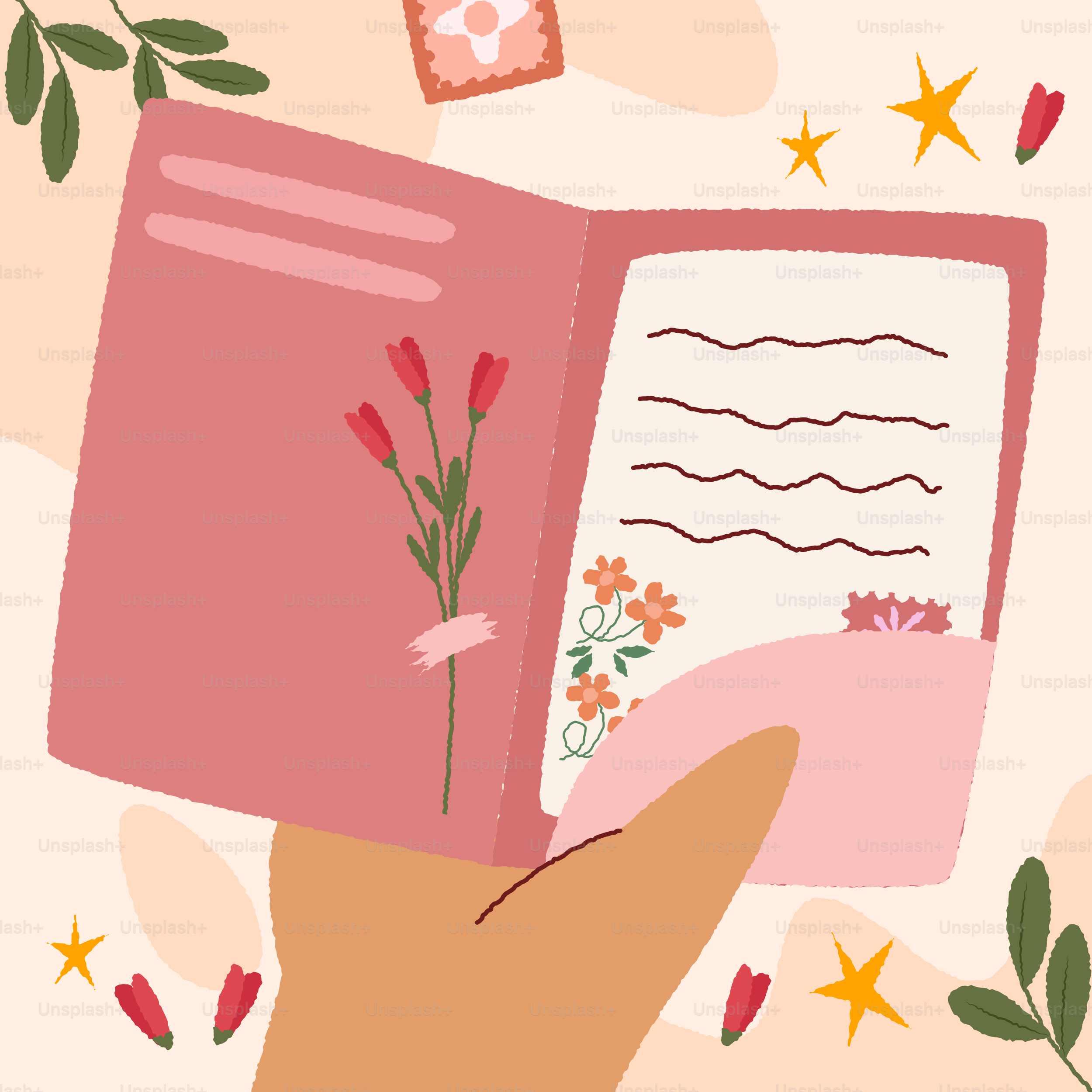 Hand holding an open pink journal with flowers
