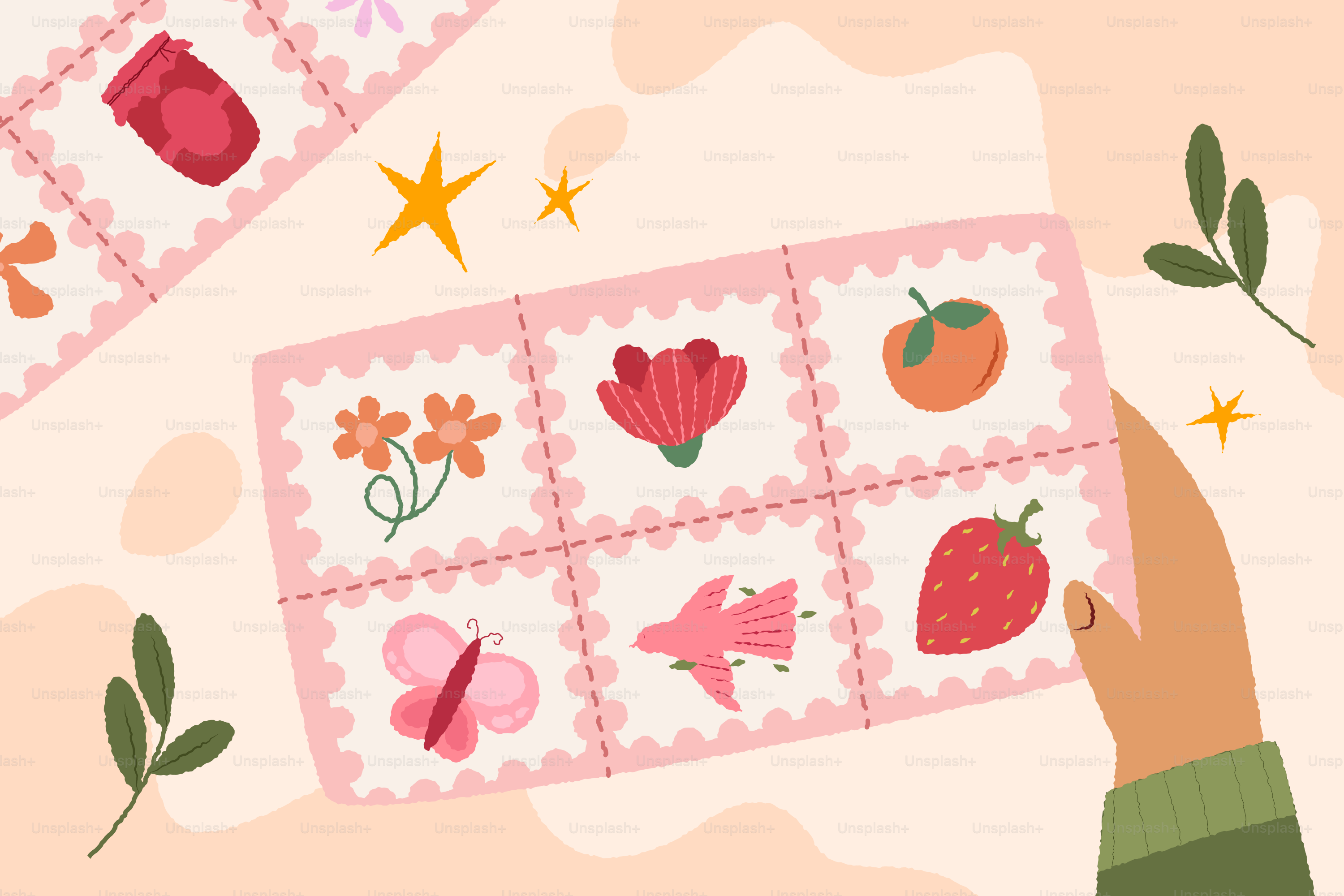 Llevar de la mano hojas de sellos con flores, fruta, mariposa.