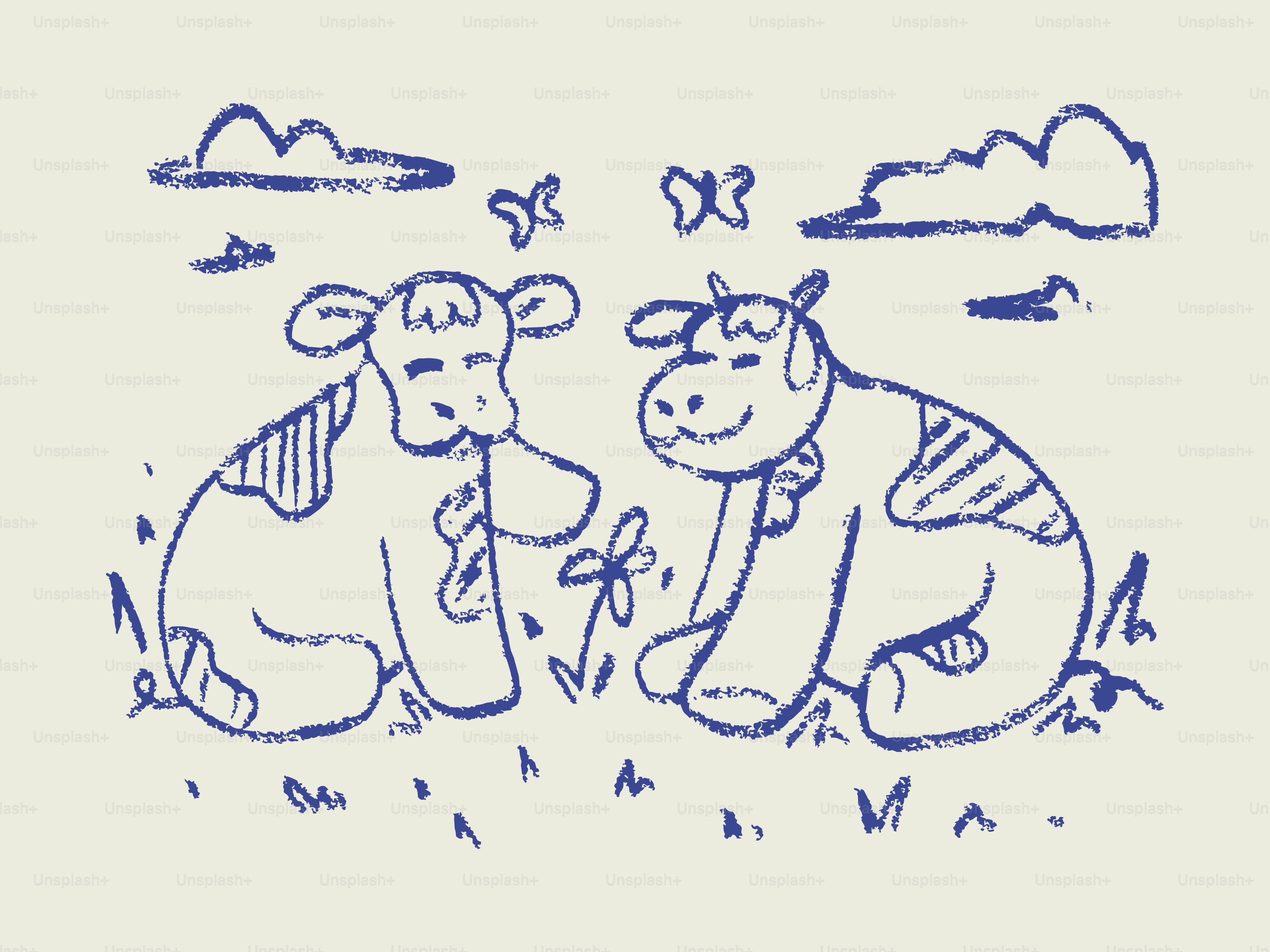 Two cartoon cows sitting in a field with butterflies.