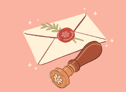 Envelope with wax seal and stamp on pink background