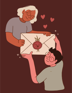 Two people exchanging a letter with hearts