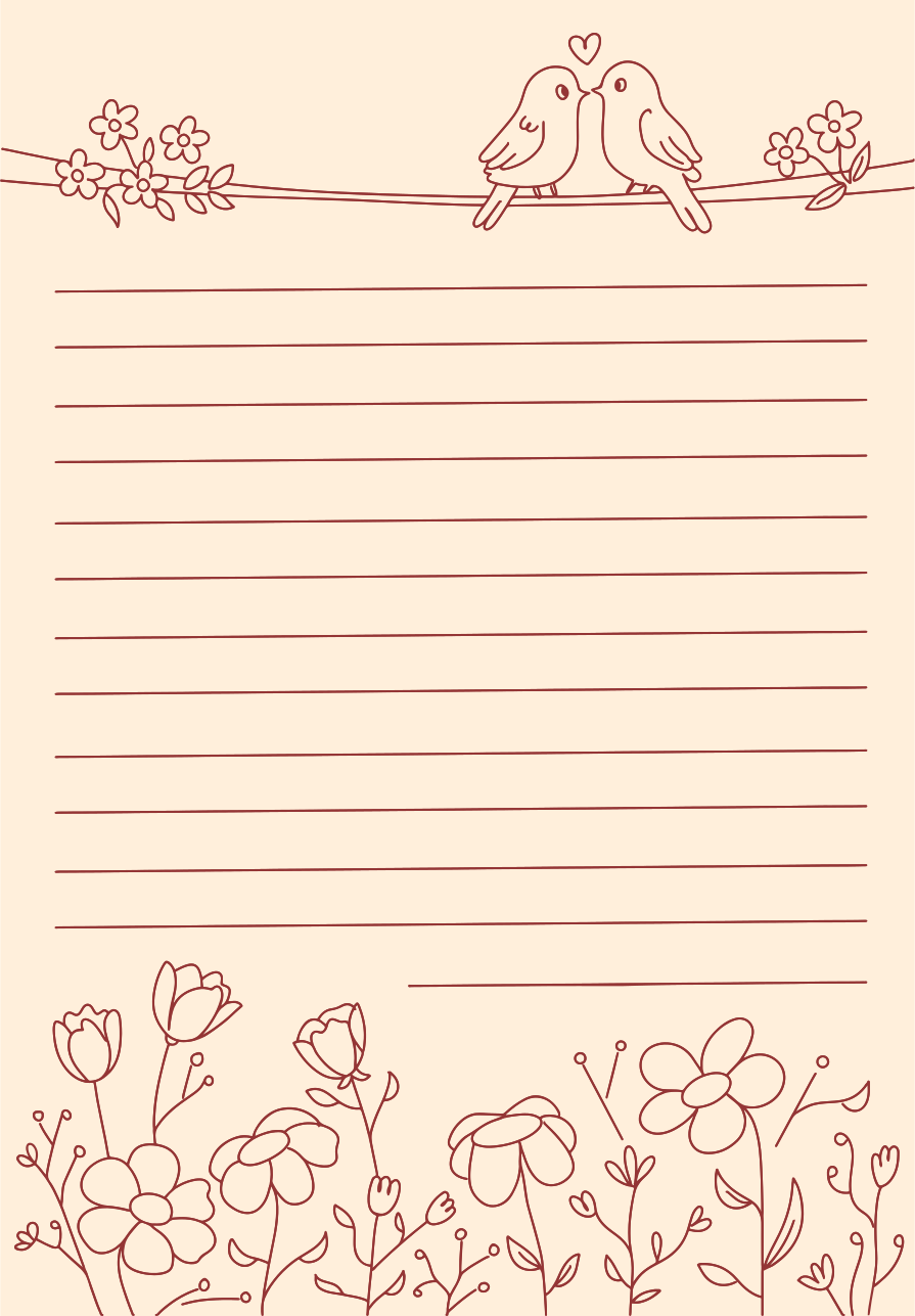 Two birds kissing above a lined paper with flowers