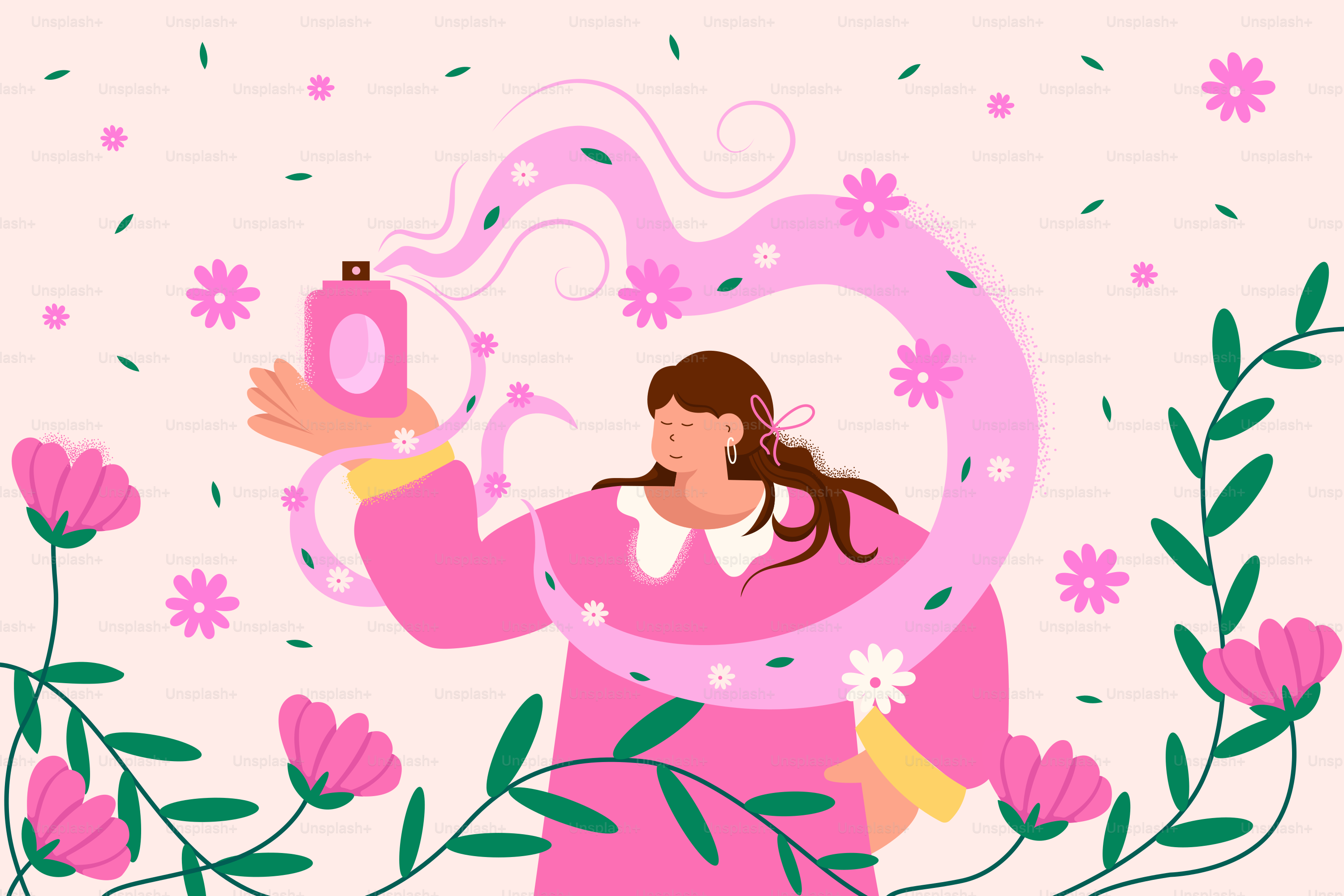 Woman holding perfume bottle with pink floral accents