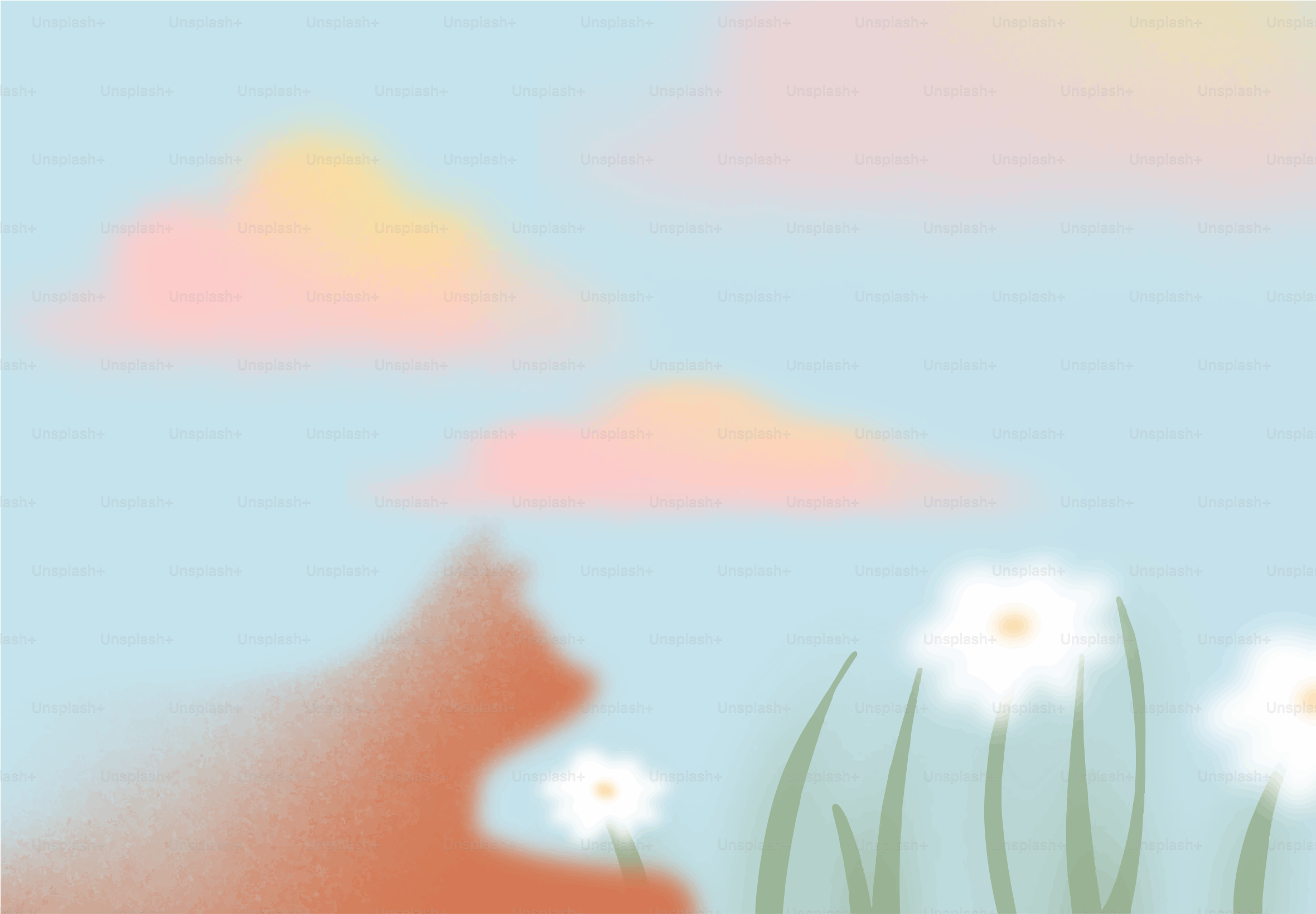 Soft clouds float over a field of white flowers