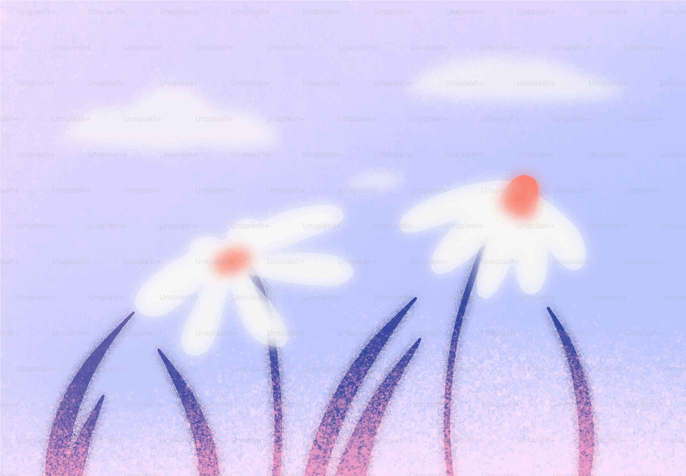 Two daisies sway gently under a soft sky.