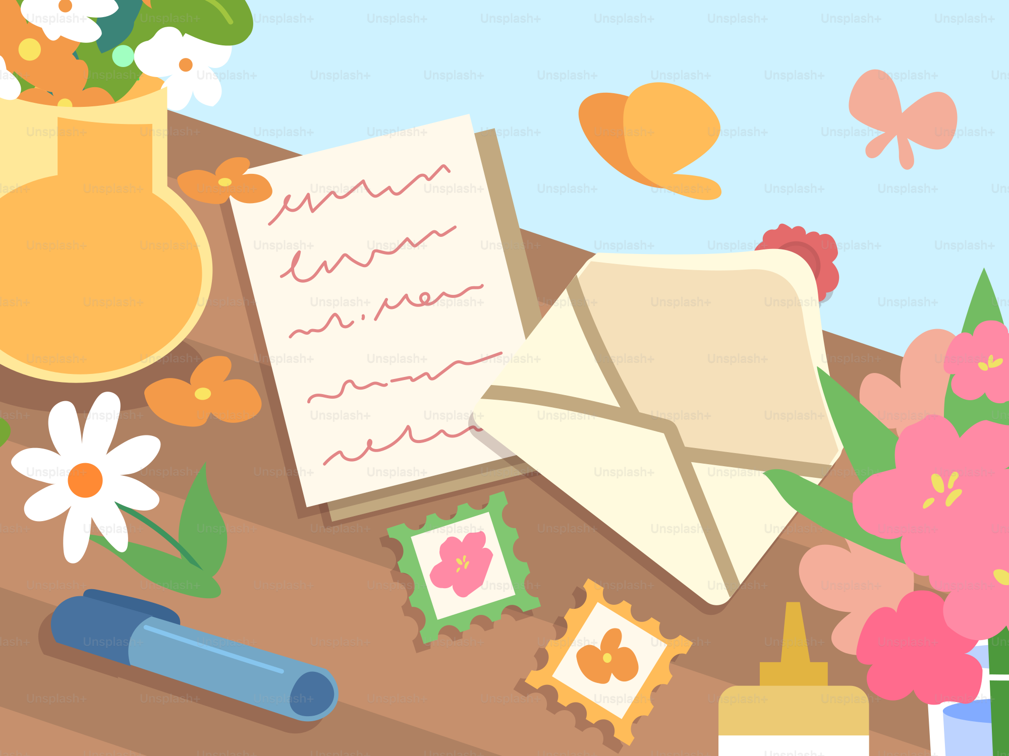 Stationery, flowers, and craft supplies on a table