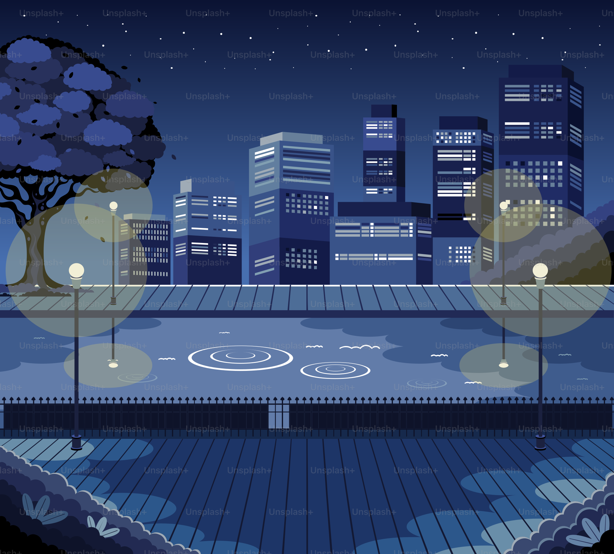 Pixel art cityscape at night with reflections