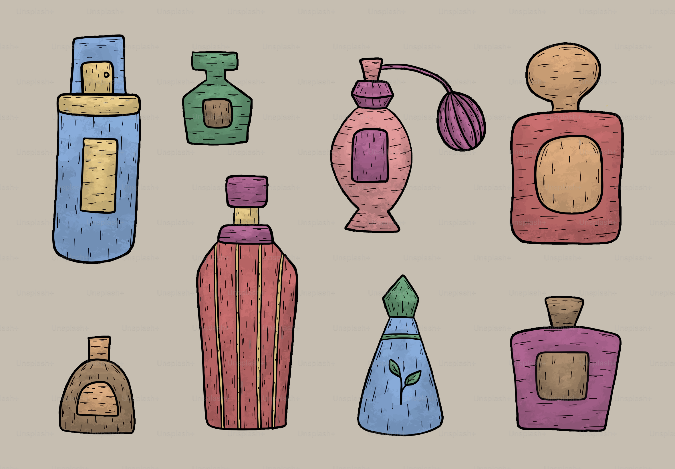 Collection de flacons de parfum colorés sur fond neutre