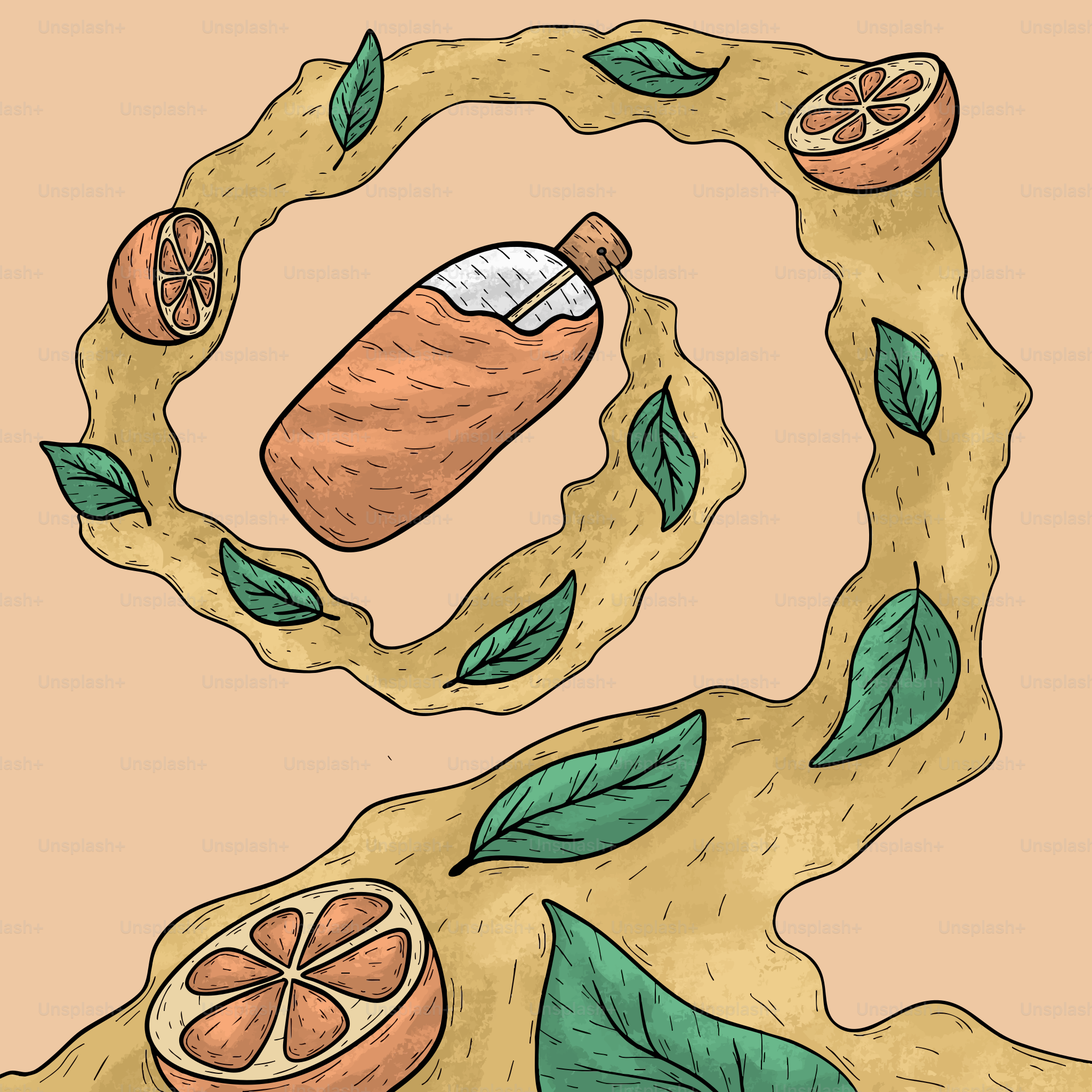 Rodajas y hojas de naranja giran alrededor de una botella