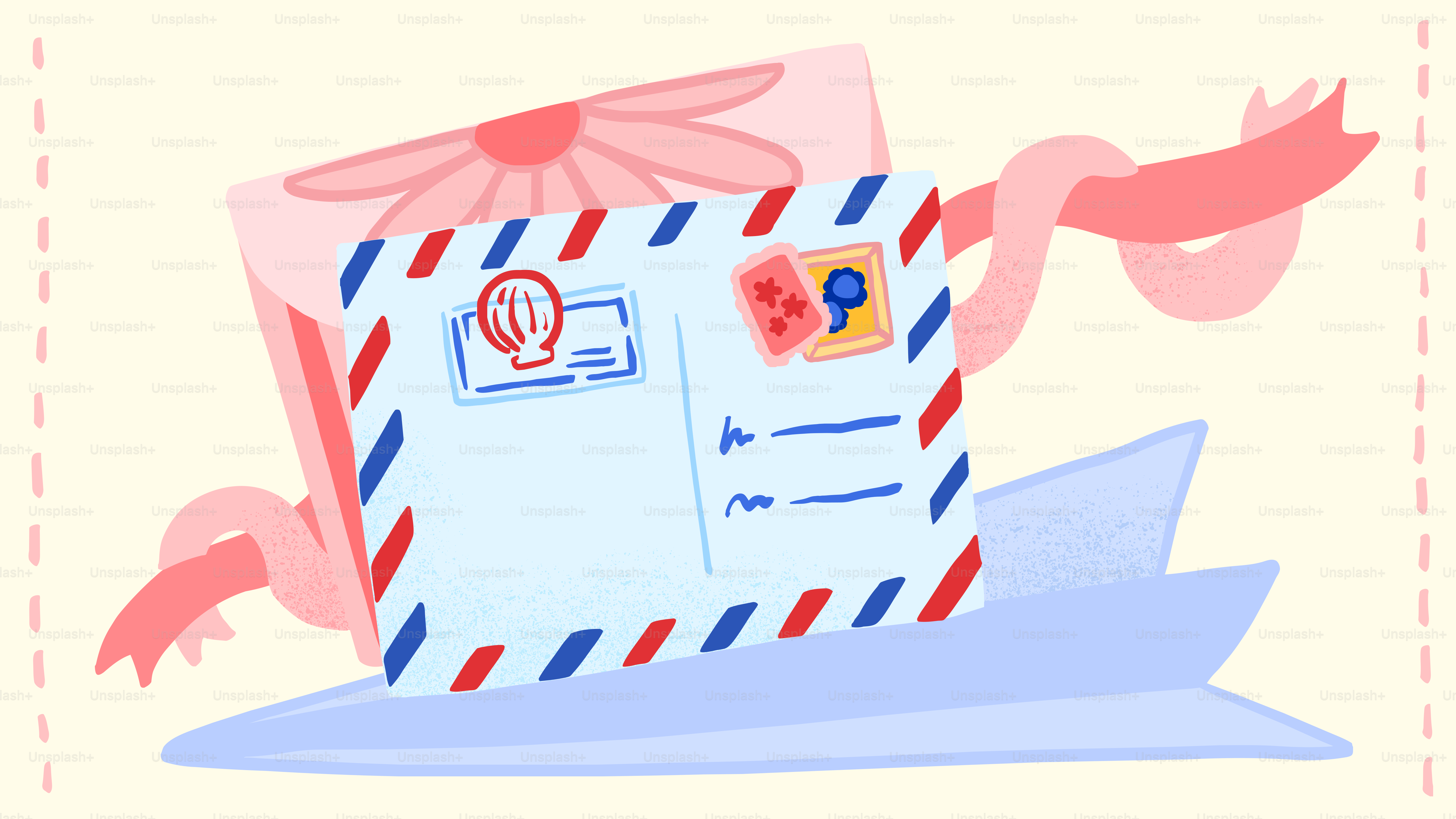 Eine Postkarte mit Briefmarken und einem Band