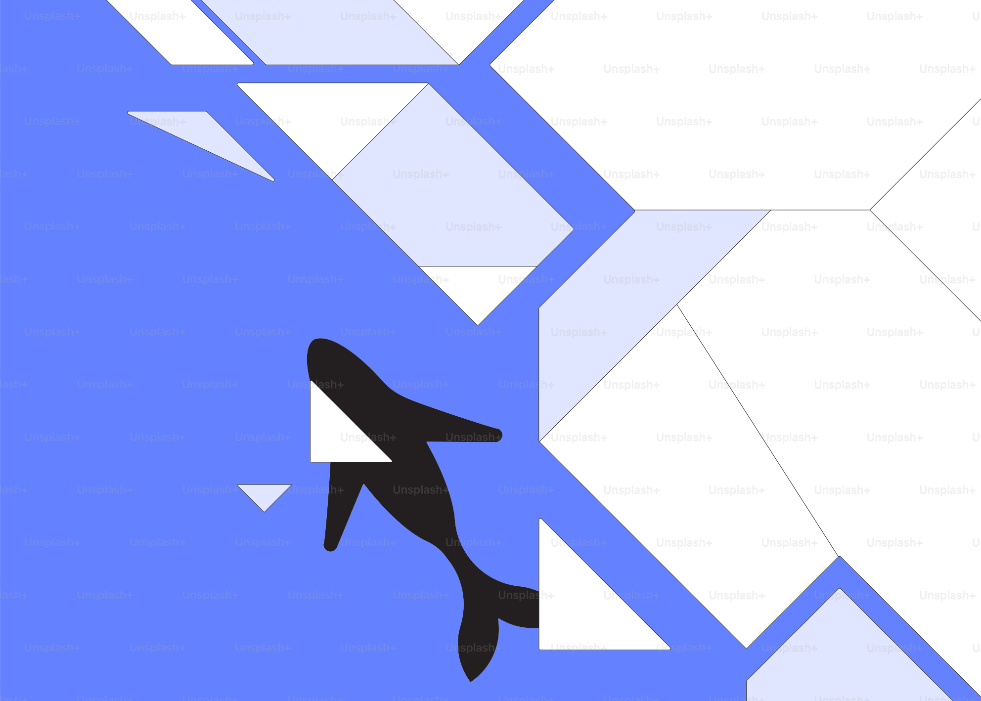 Una ballena negra nada en aguas azules con témpanos de hielo.