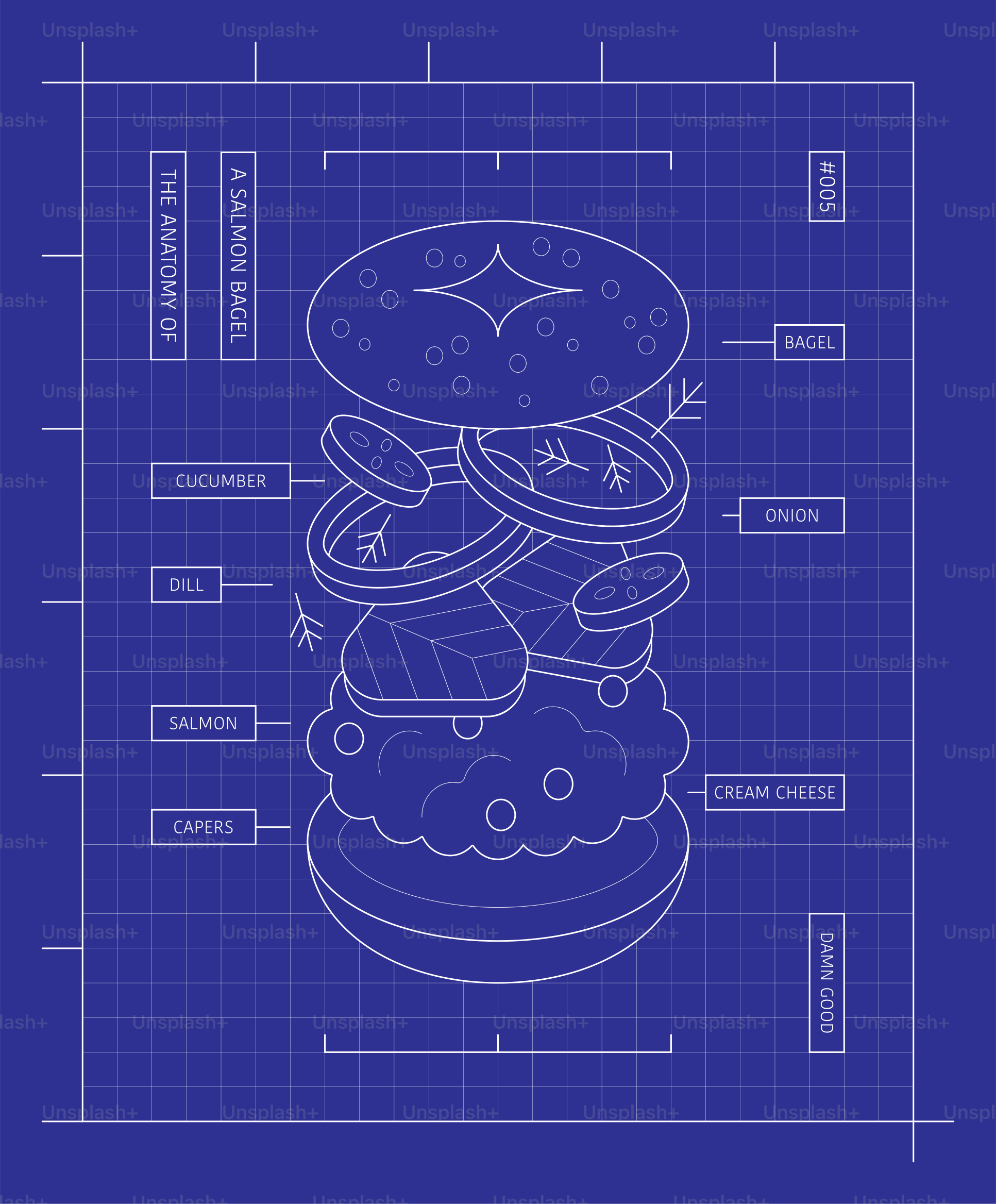 Plano de un bagel de salmón con ingredientes etiquetados