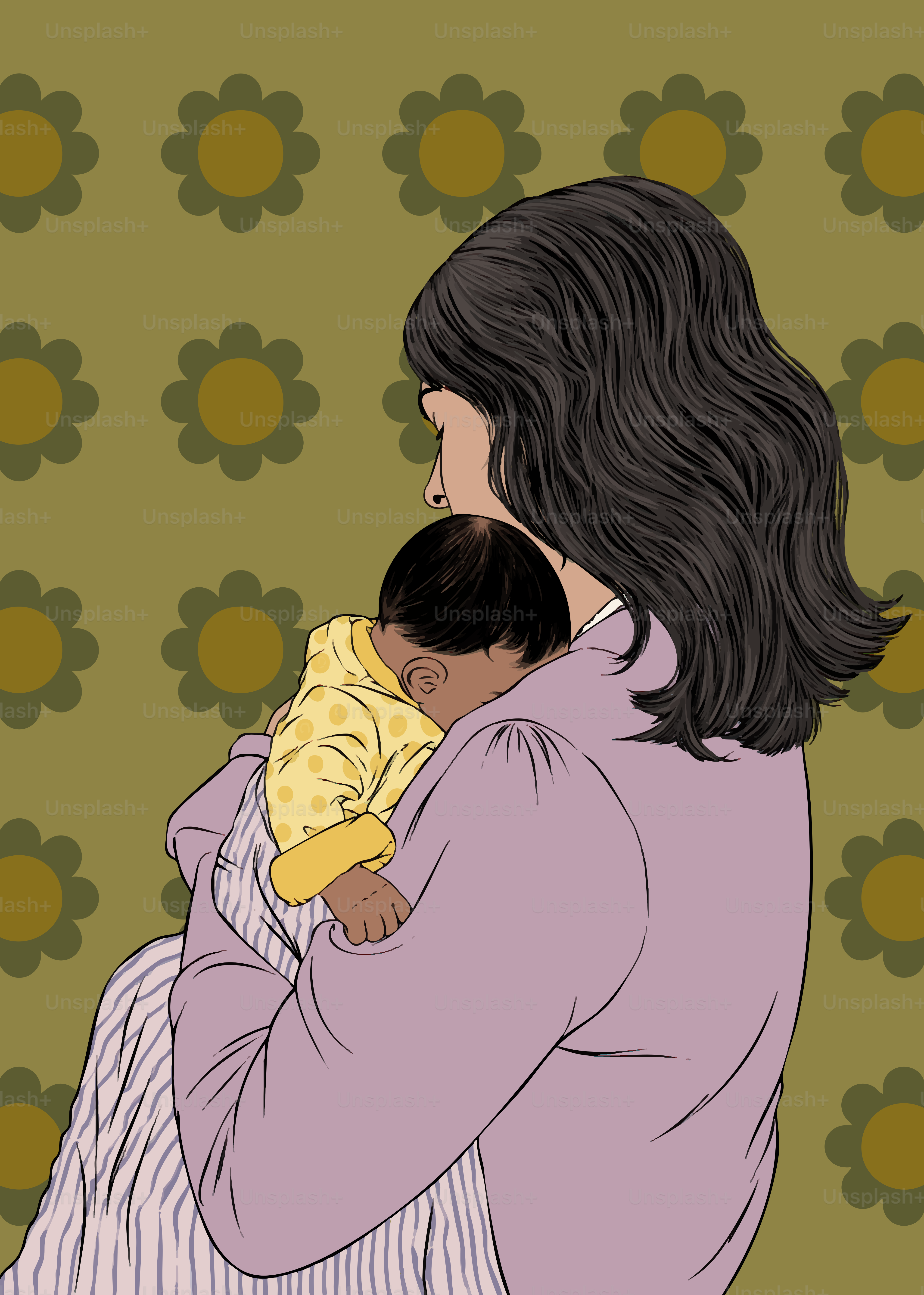 Mother holding her sleeping baby in yellow pajamas