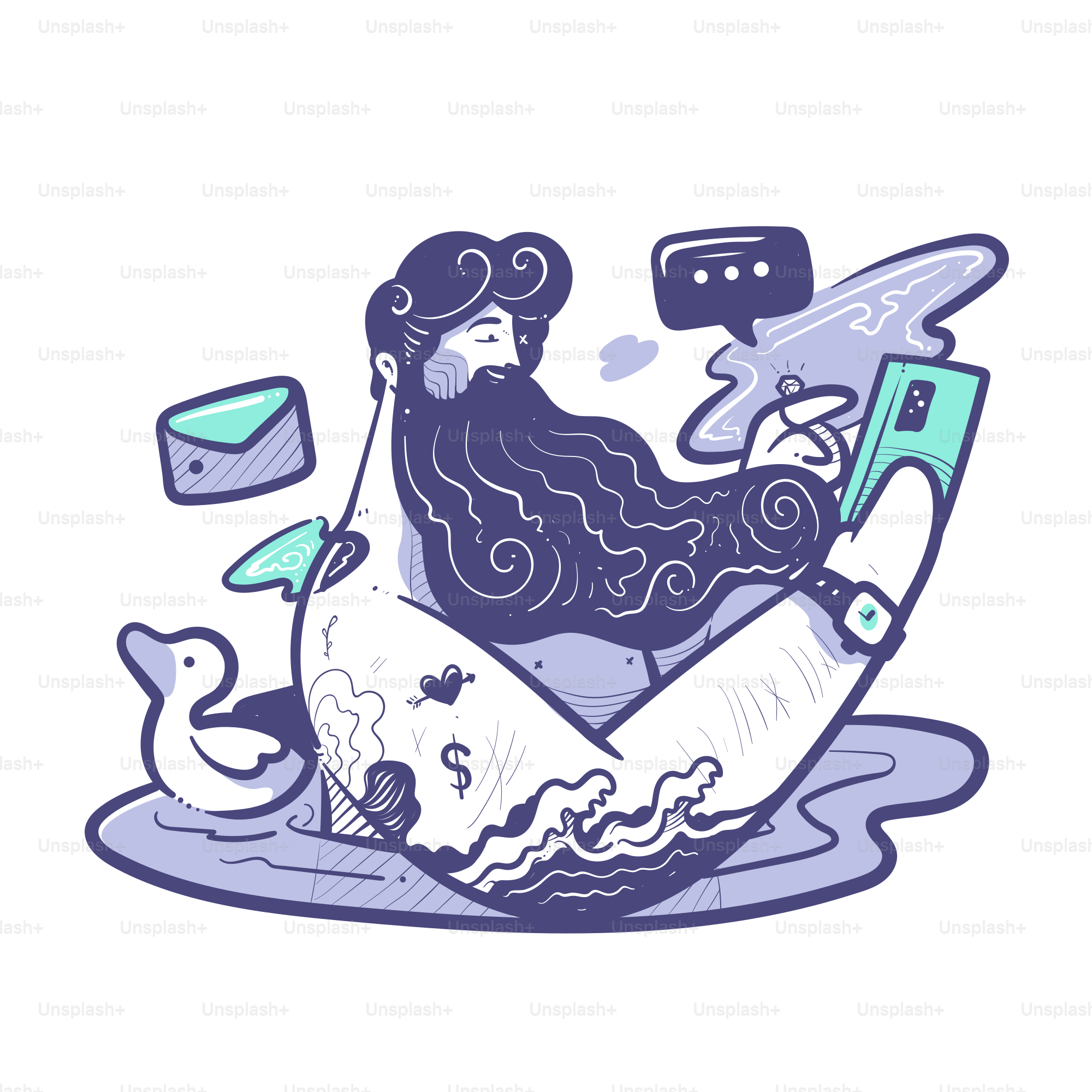 Hombre de barba larga usando el móvil en el agua con un pato