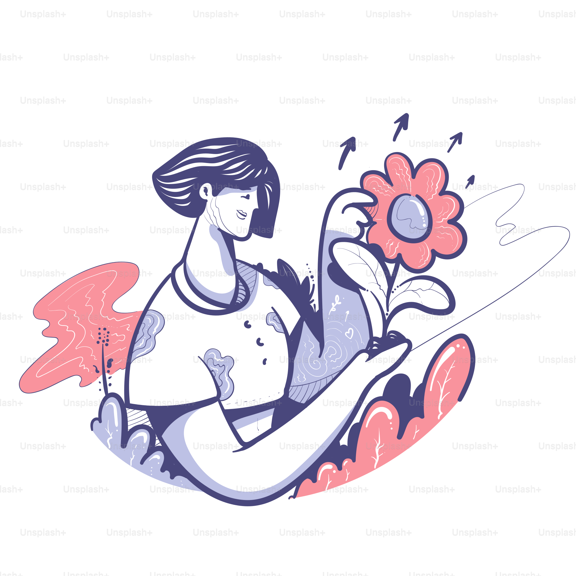 Donna che tiene un fiore in fiore con frecce rivolte verso l'alto.