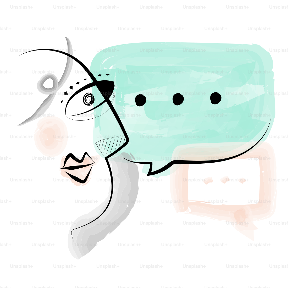 말풍선이 있는 추상적인 얼굴, 의사소통 개념.