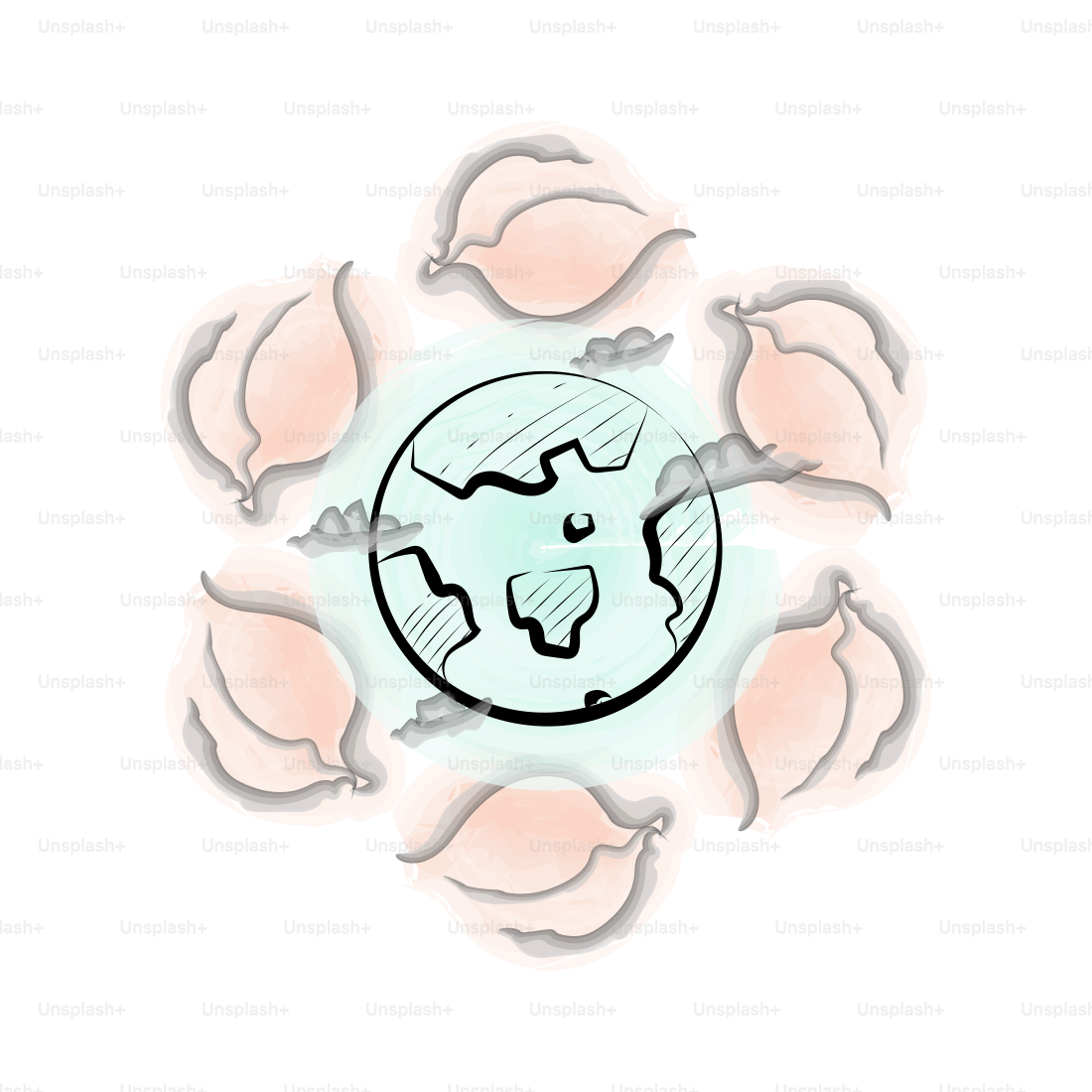 Erde, umgeben von stilisierten Blättern und Wolken.