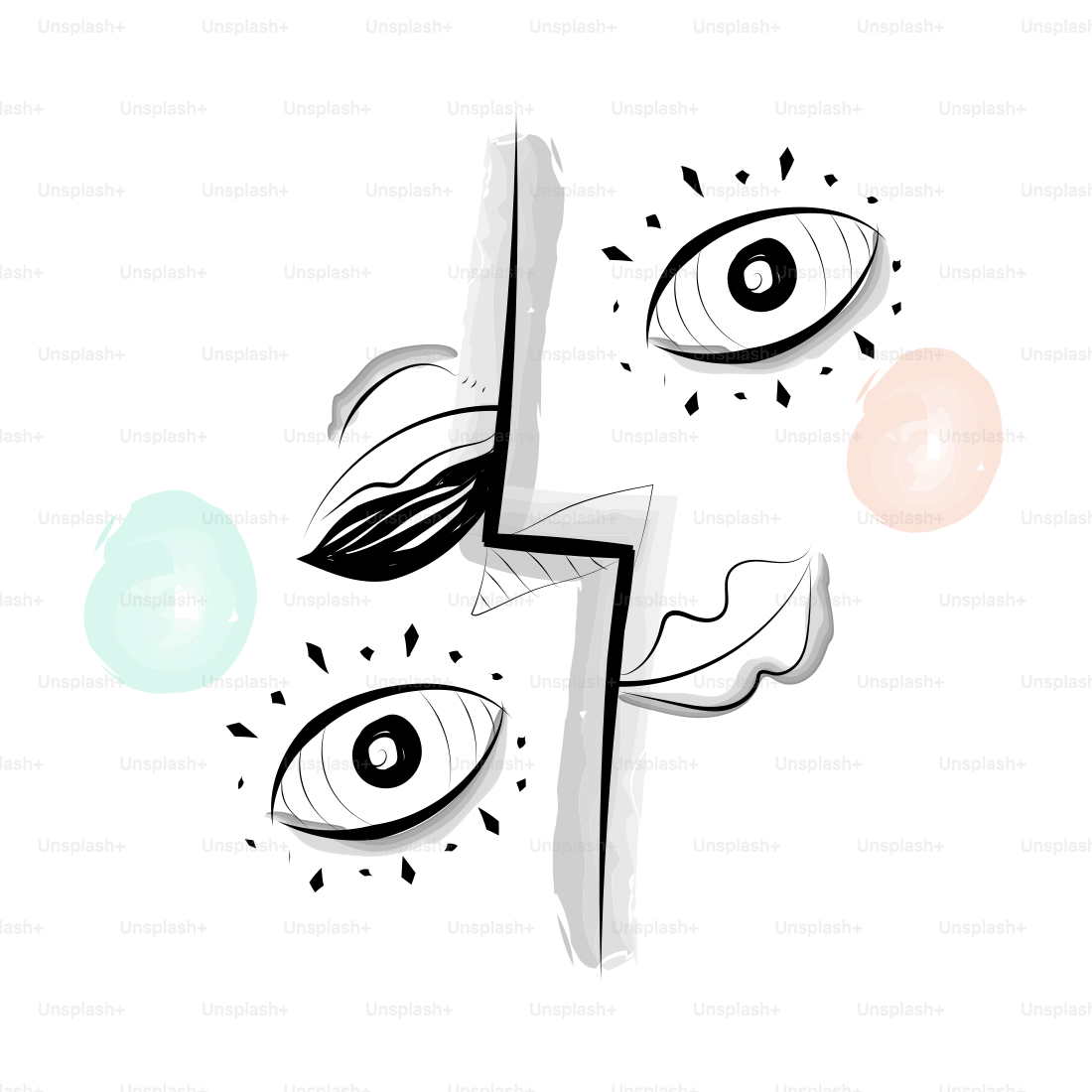 Abstraktes Gesicht mit Augen und Aquarellspritzern