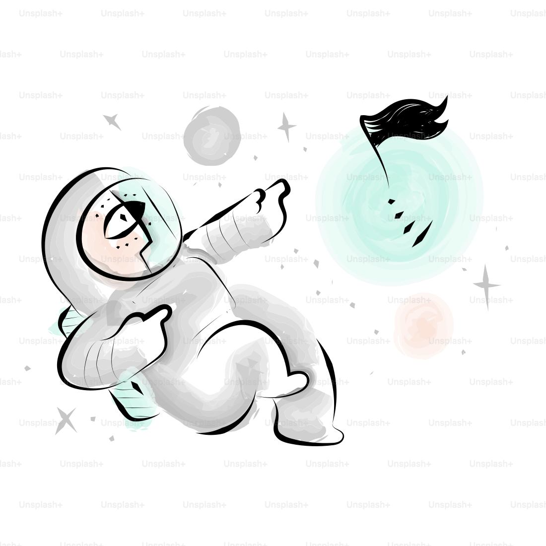 Ein Cartoon-Hund im Raumanzug schwebt im All.