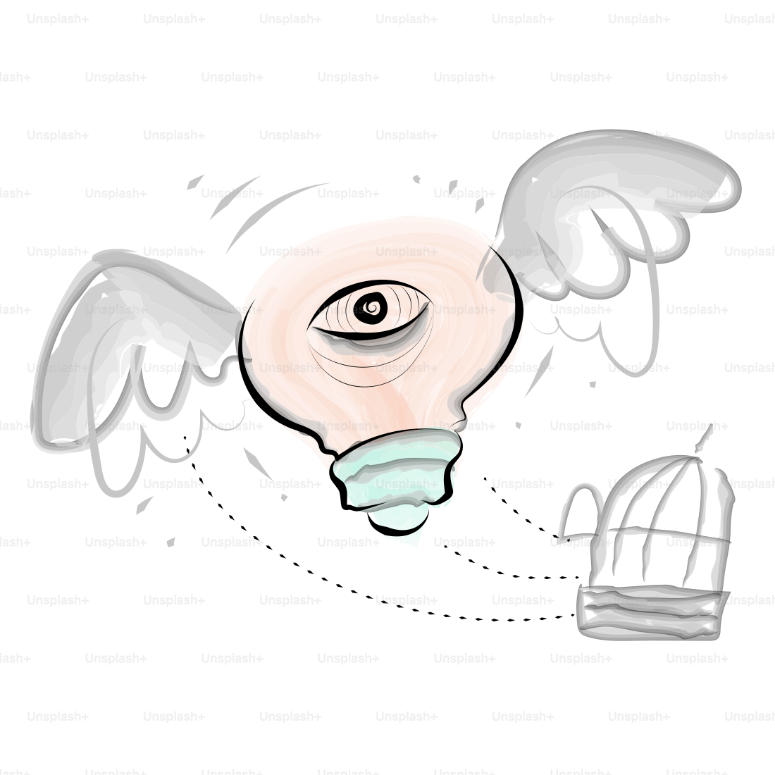 A lightbulb with wings flies away from an open cage.