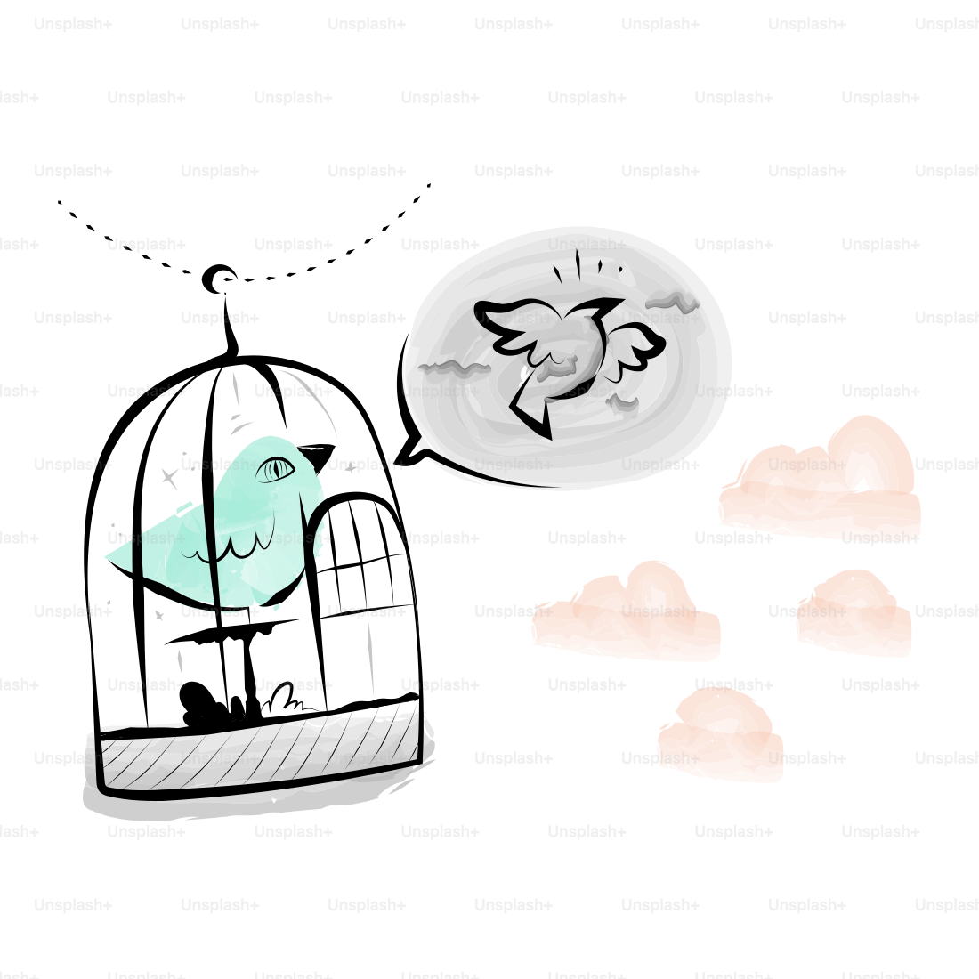 Bird in cage dreams of flying free